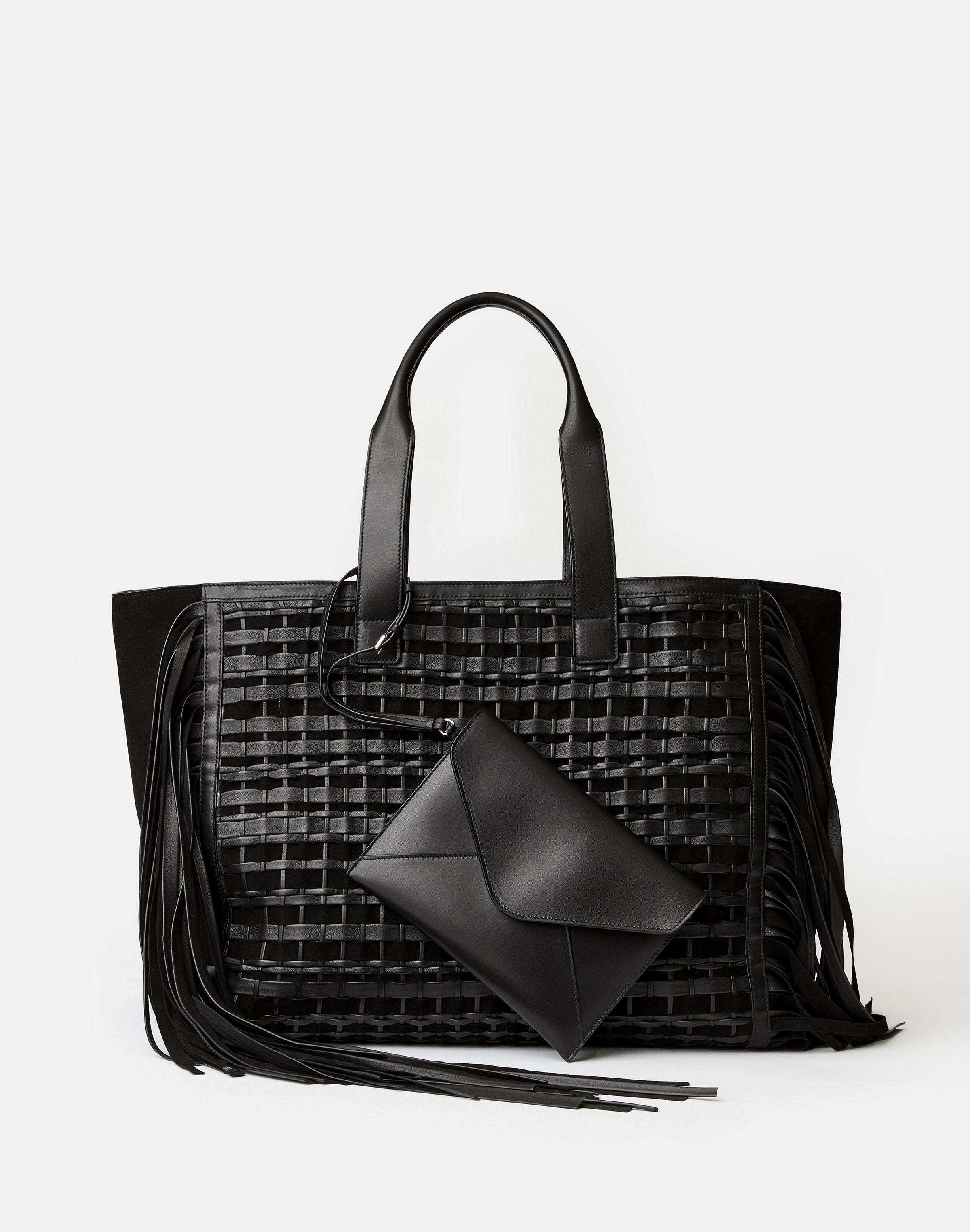 Handwoven Fringe Leather & Suede L Tote—Large
