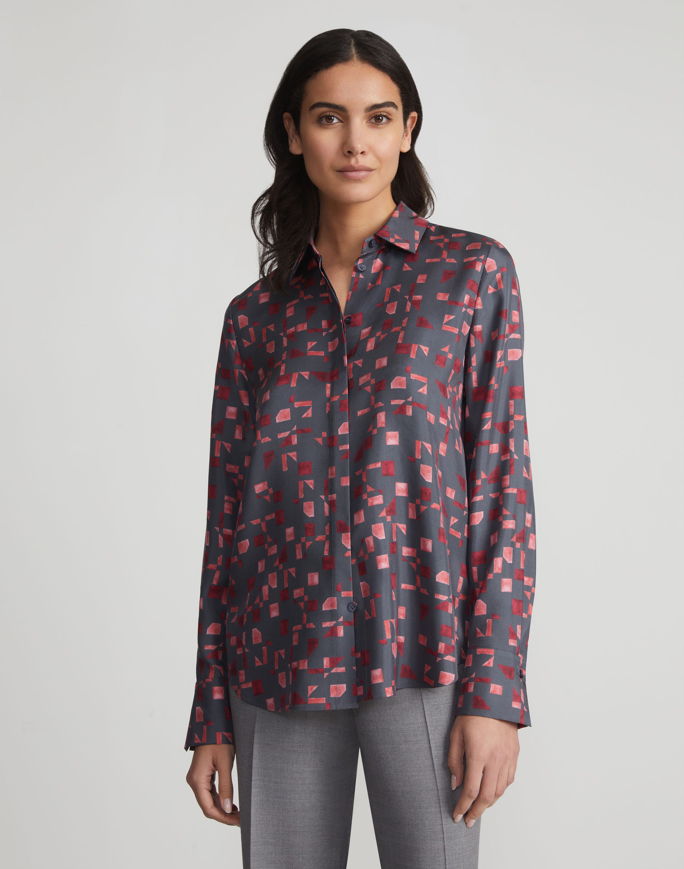 Petite Micro Floorplan Print Silk Twill Button Blouse