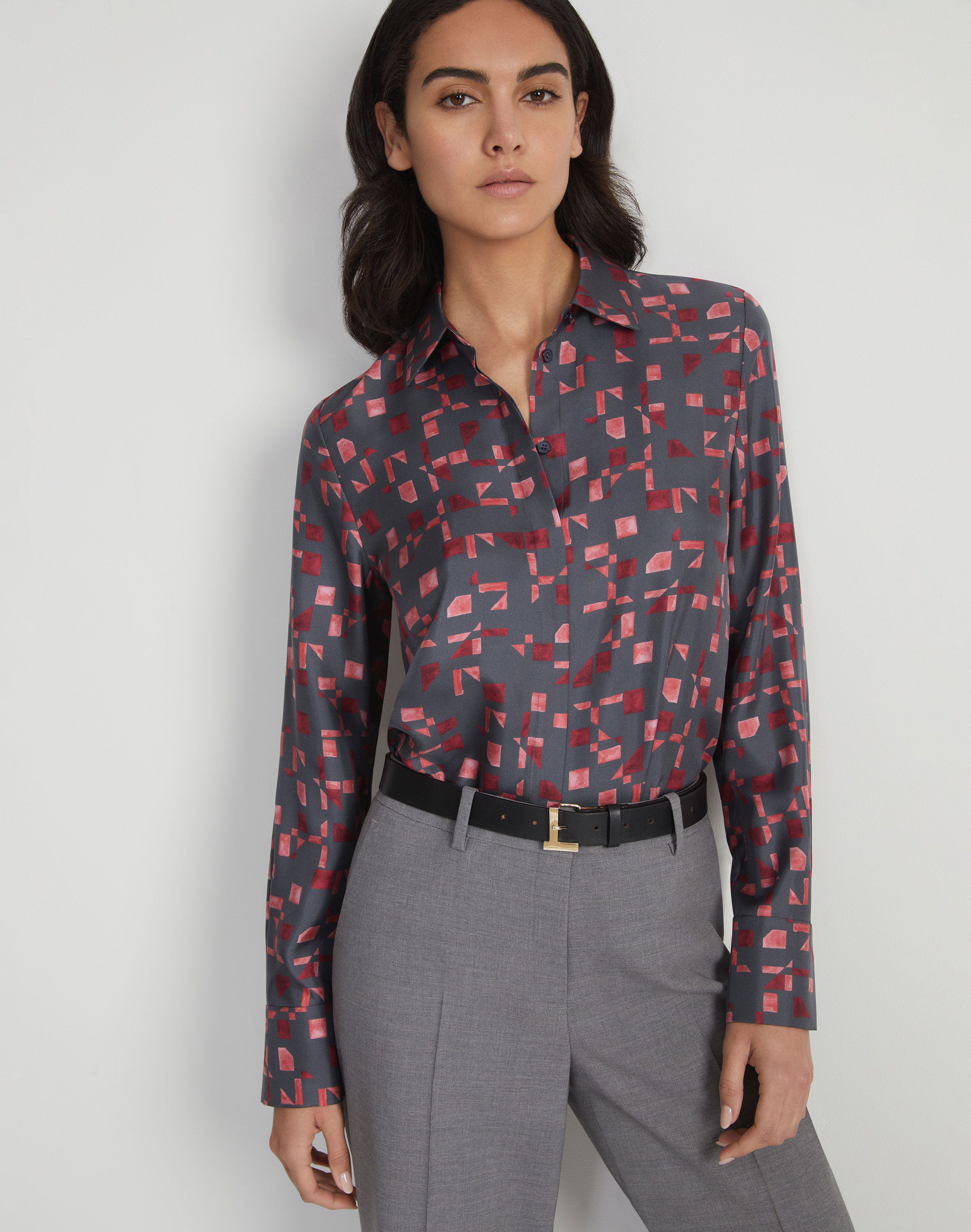 Petite Micro Floorplan Print Silk Twill Button Blouse