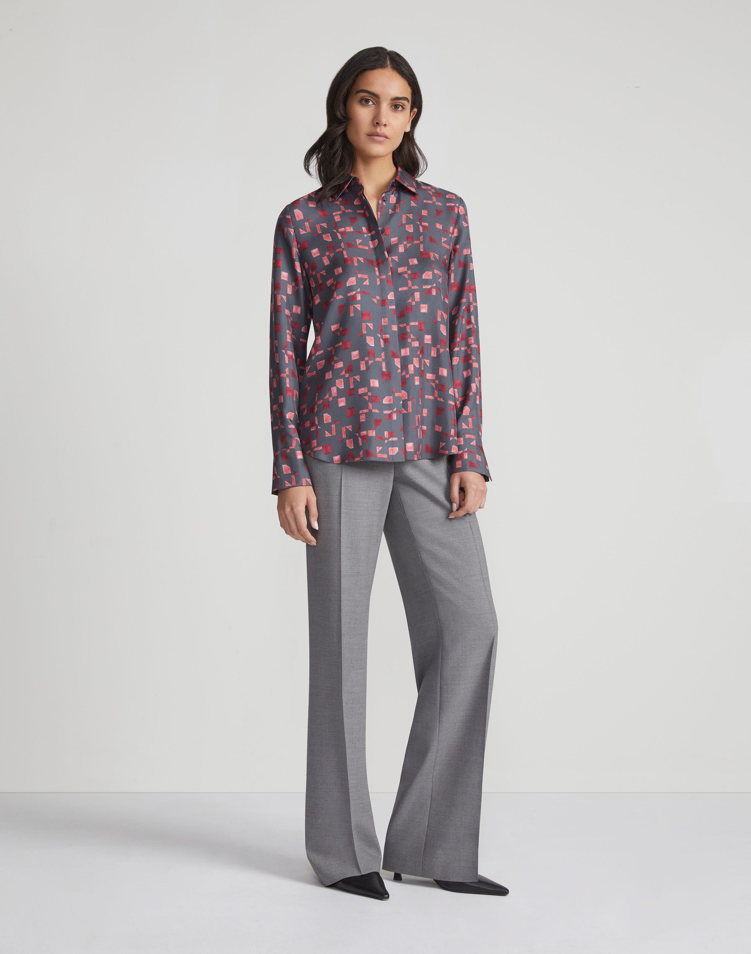 Petite Micro Floorplan Print Silk Twill Button Blouse