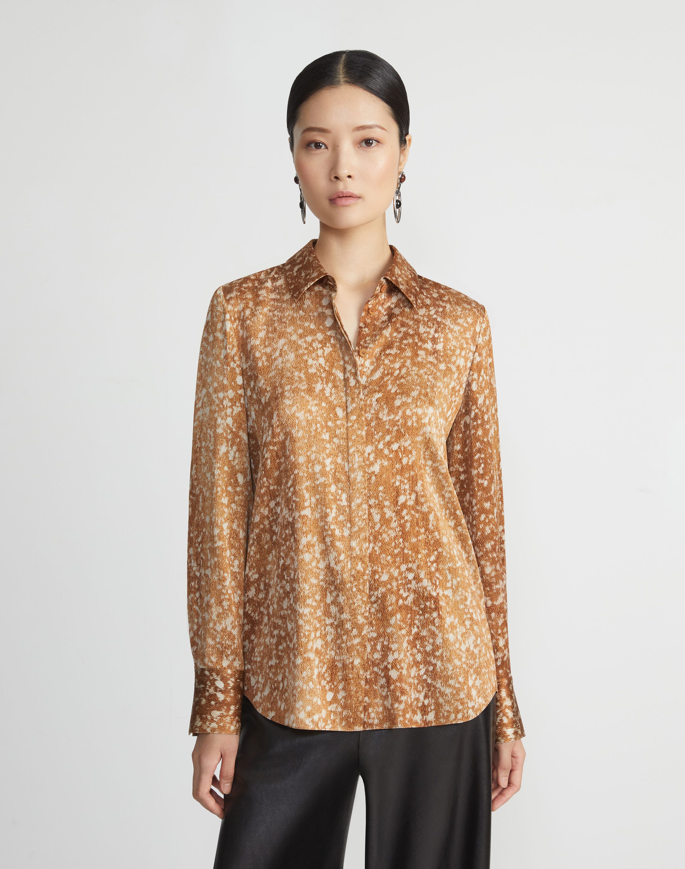 Petite Floating Leaves Print Textured Silk Satin Button Blouse