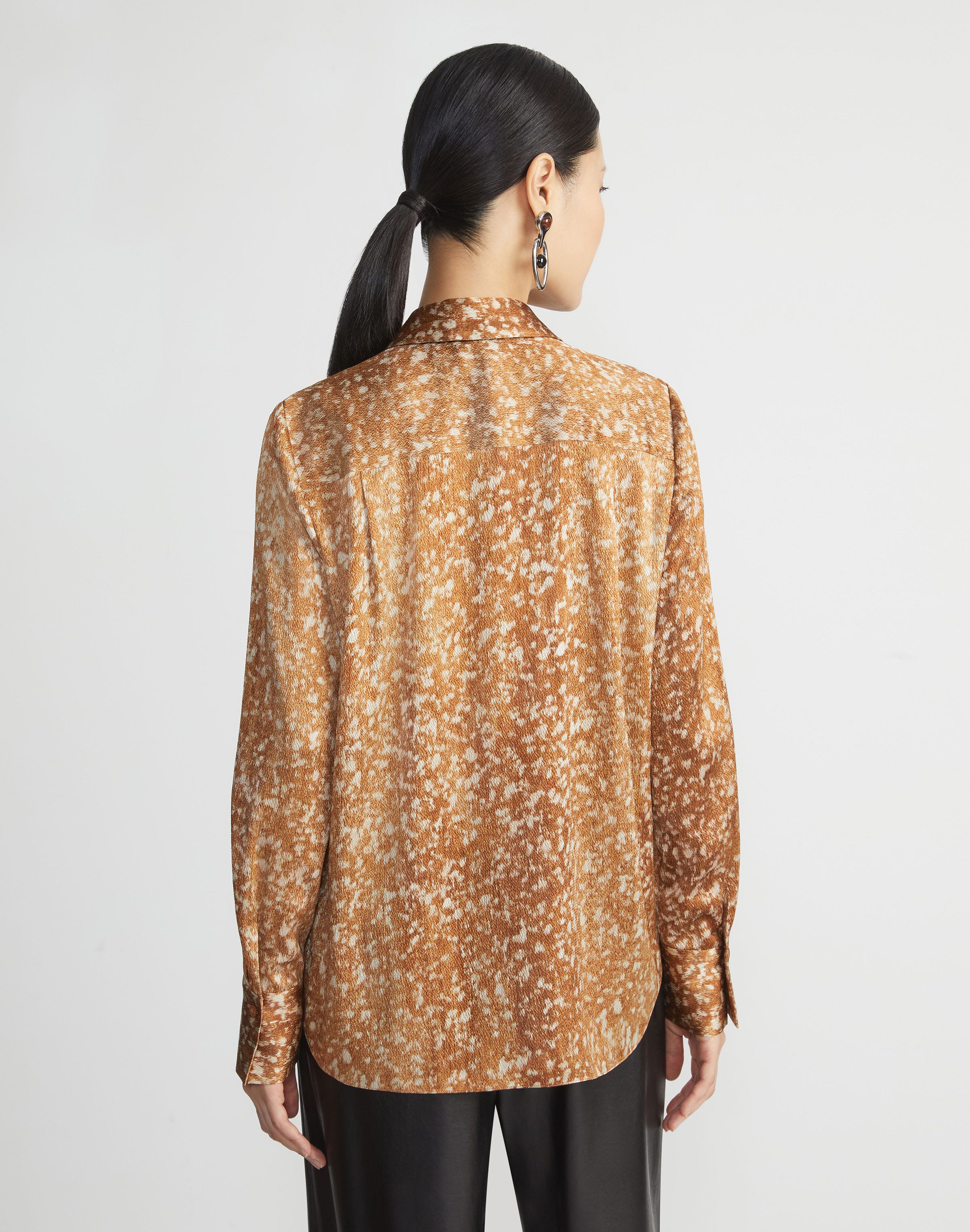 Petite Floating Leaves Print Textured Silk Satin Button Blouse