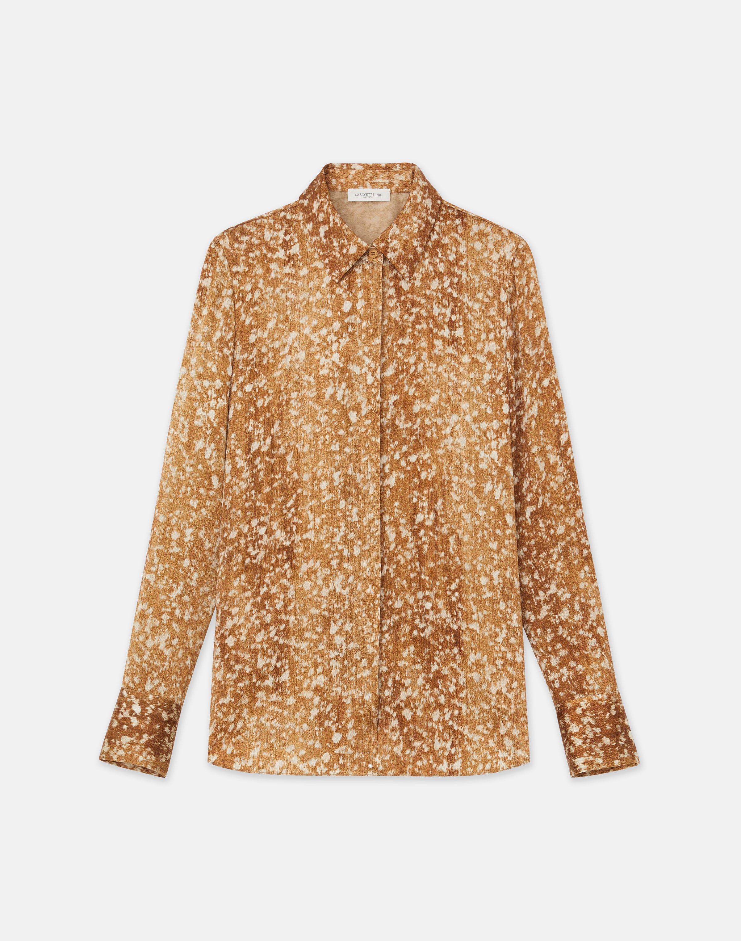 Petite Floating Leaves Print Textured Silk Satin Button Blouse