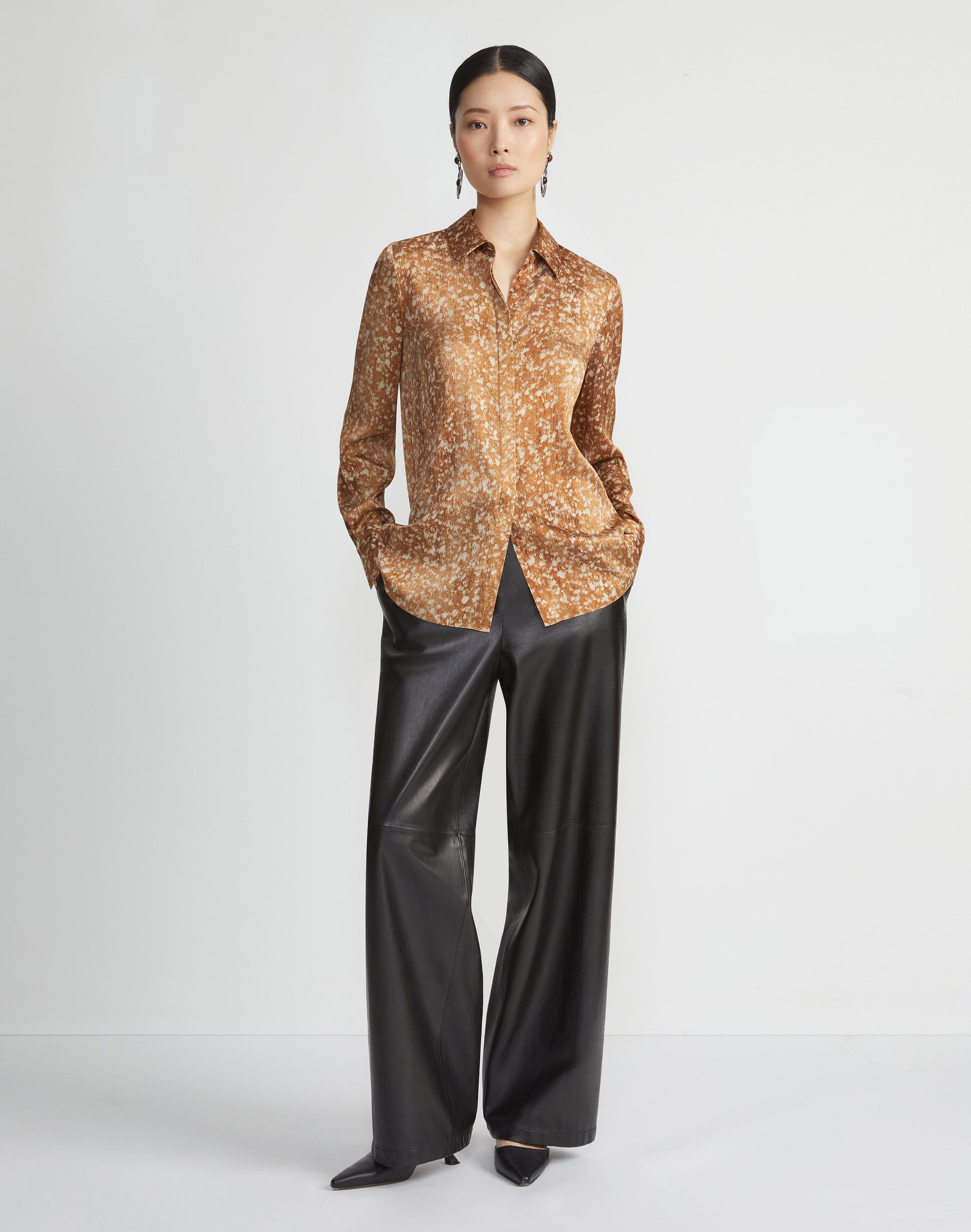 Petite Floating Leaves Print Textured Silk Satin Button Blouse