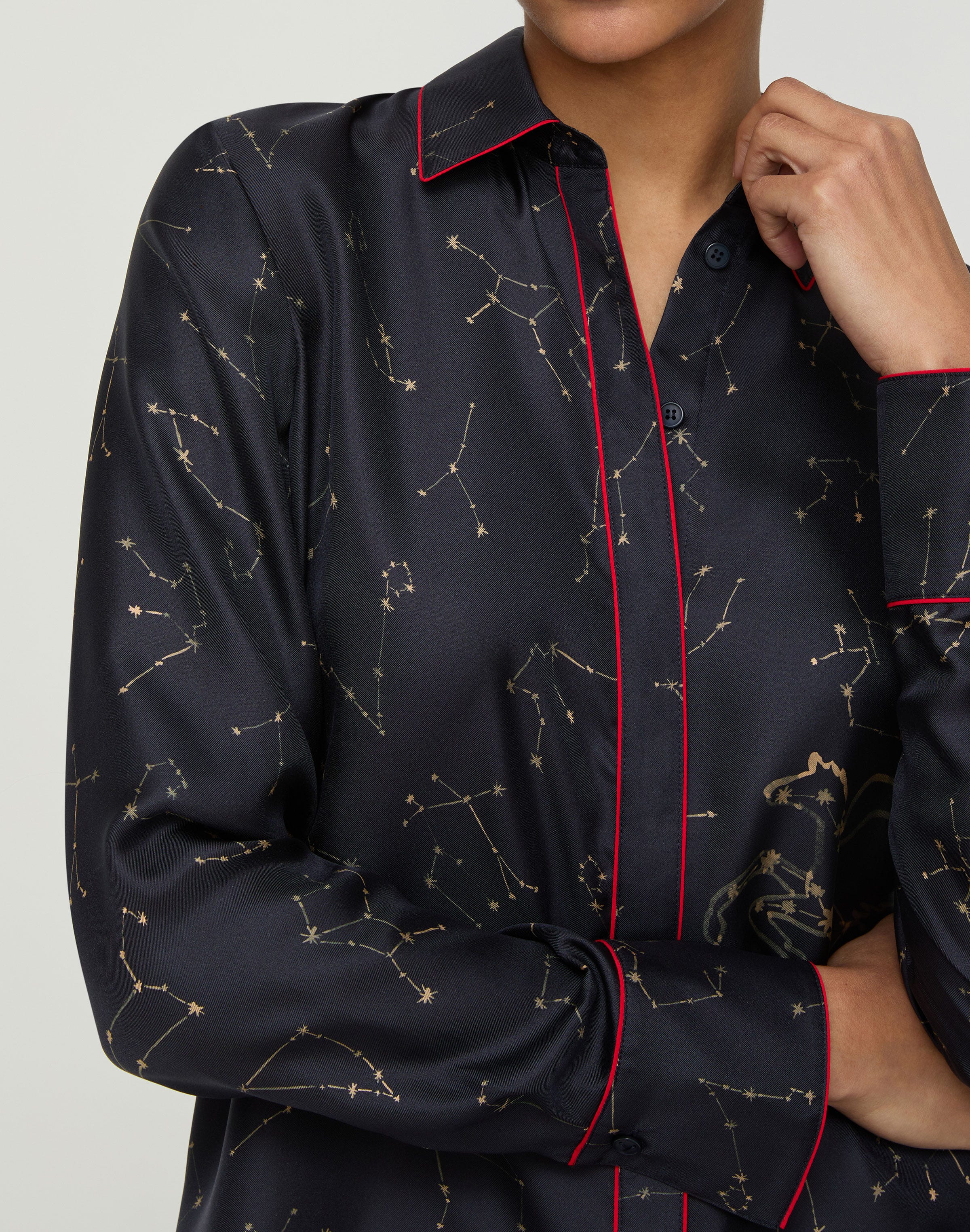 Constellation Print Silk Twill Button Blouse