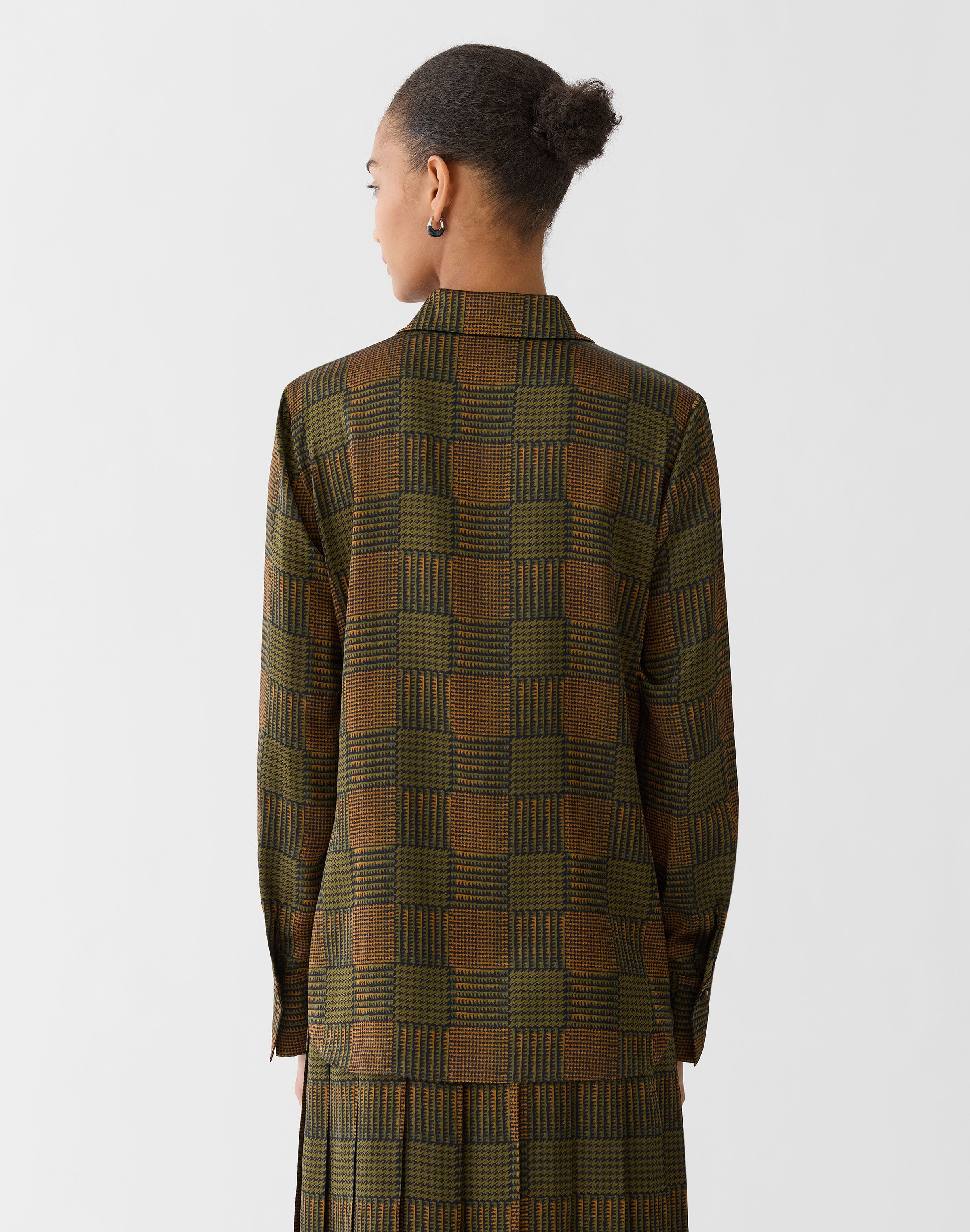 Glen Plaid Print Silk Button Blouse