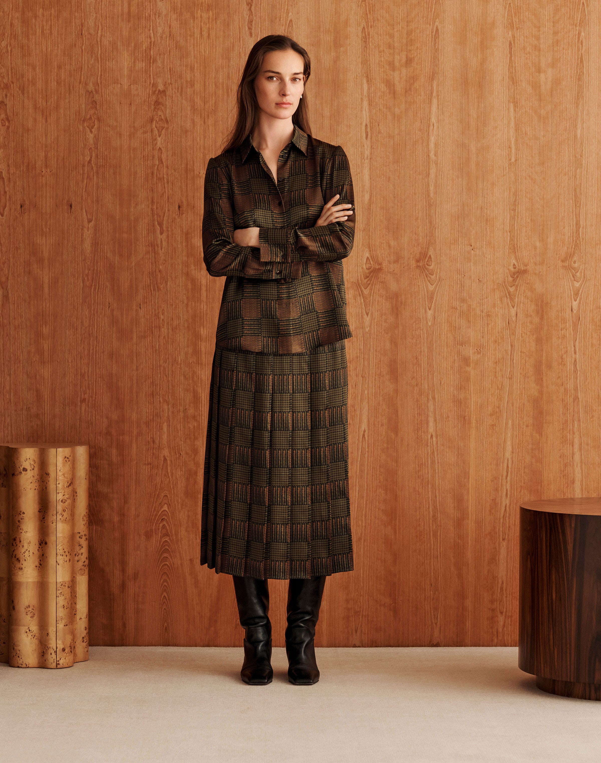 Glen Plaid Print Silk Button Blouse