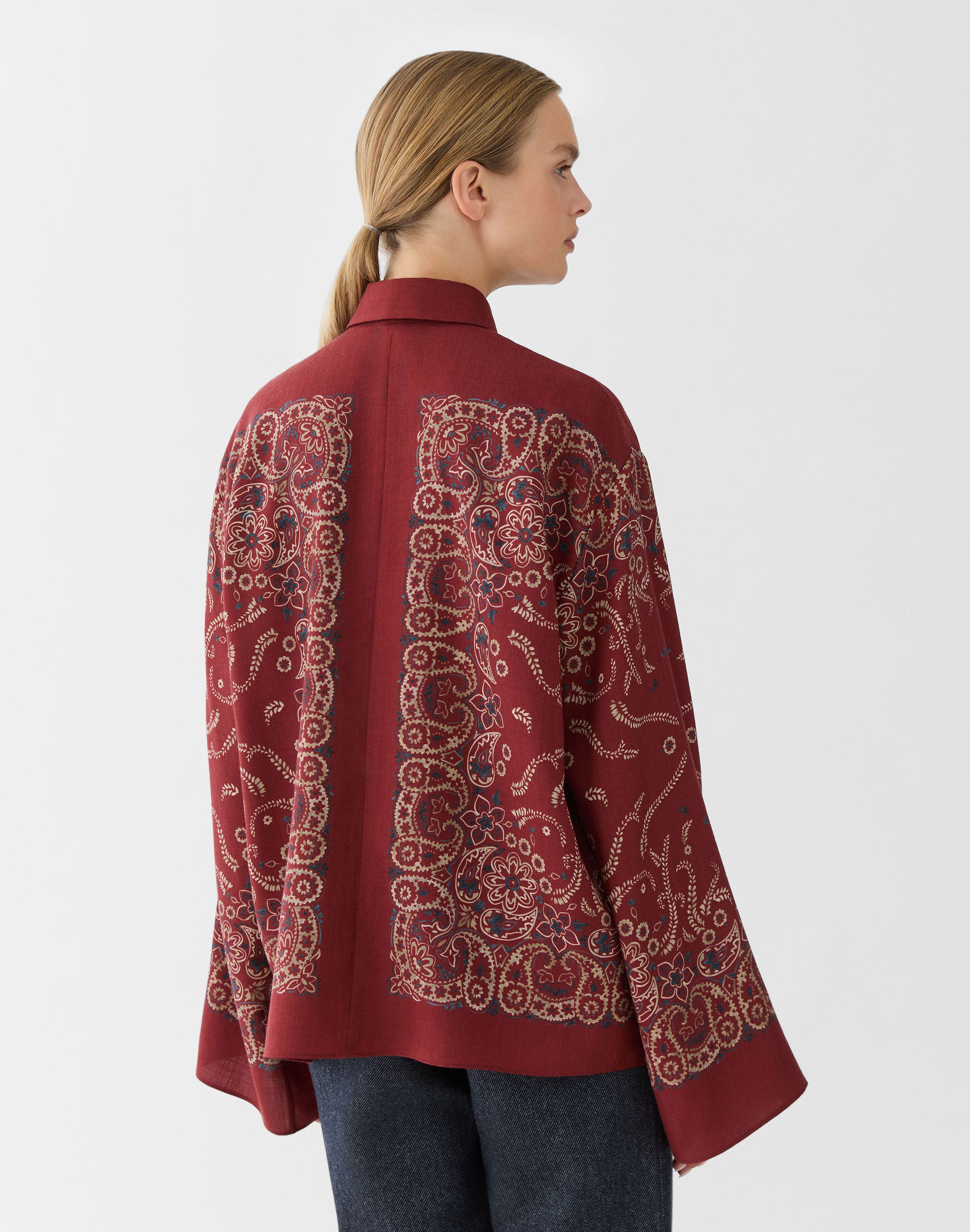 Bandana Print Wool-Silk Bell Sleeve Shirt
