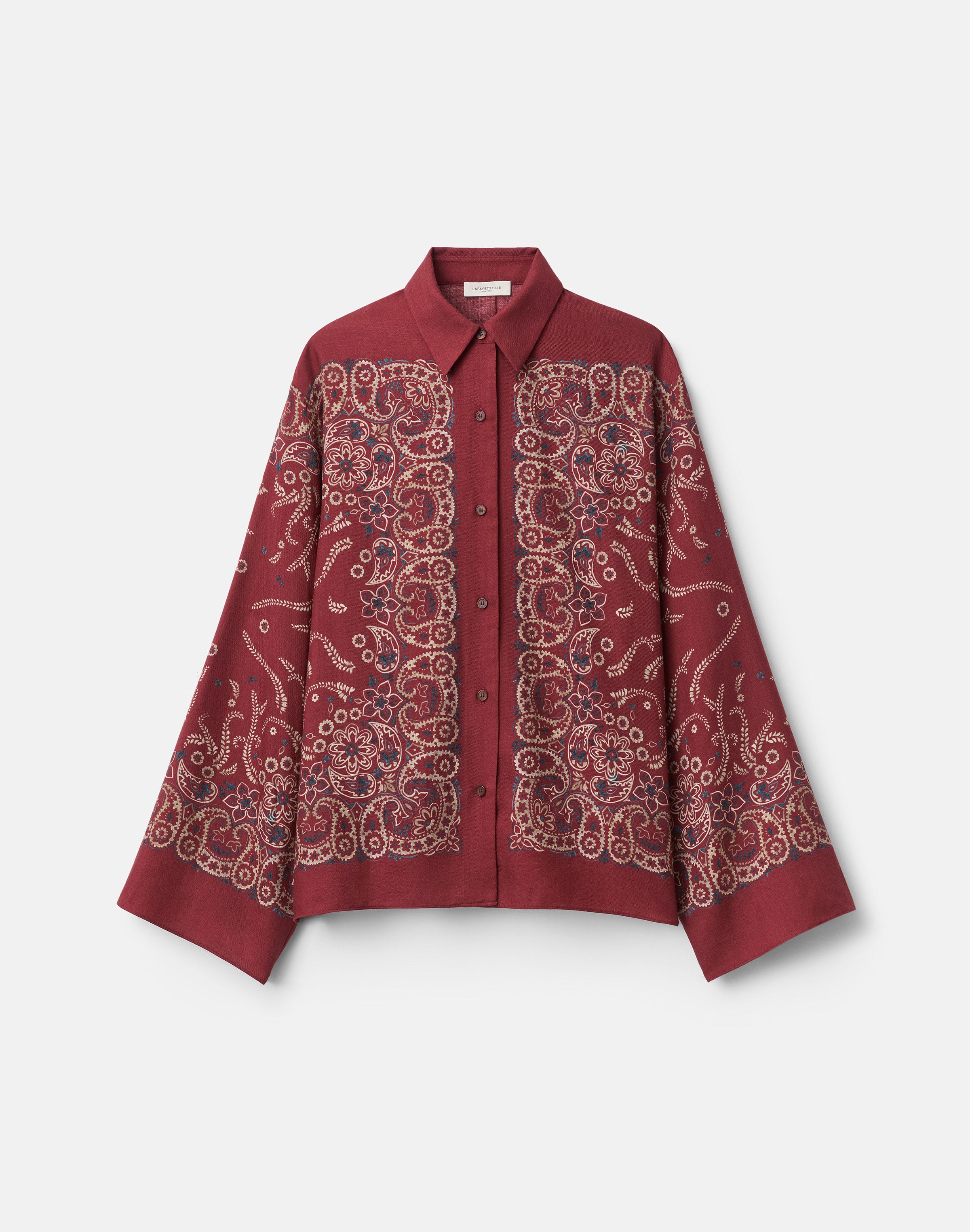 Bandana Print Wool-Silk Bell Sleeve Shirt
