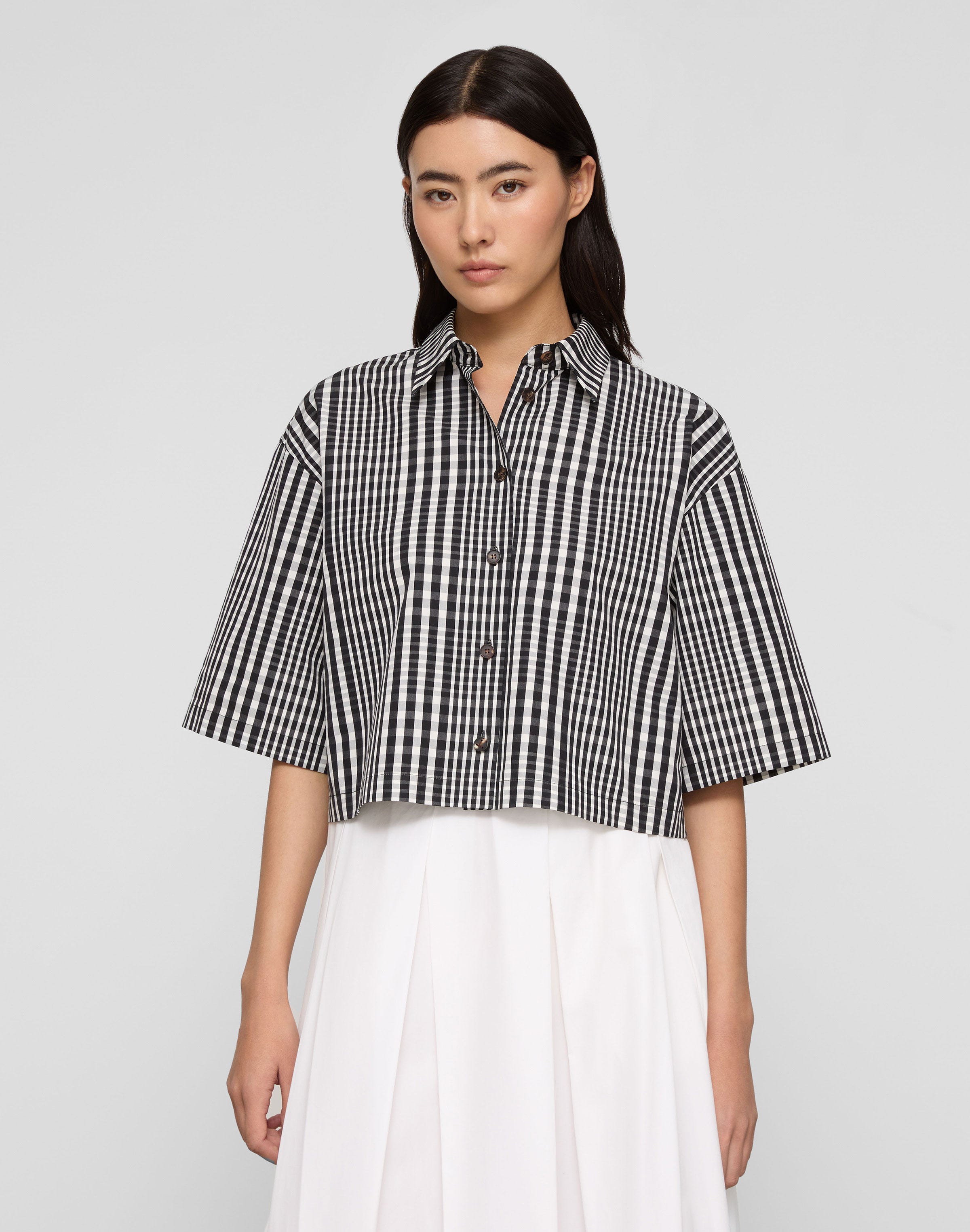 Grid Plaid Cotton Cropped Oversized Shirt