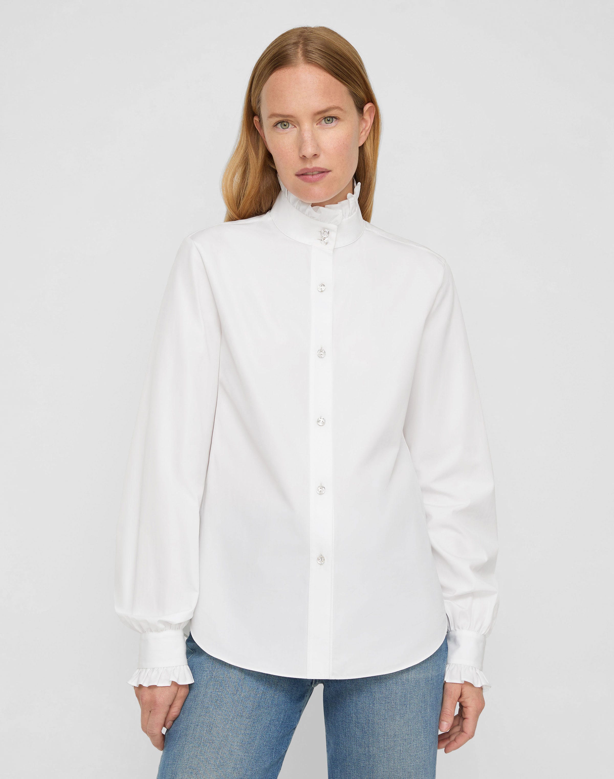 Organic Cotton Poplin Crystal Button Ruffle Shirt