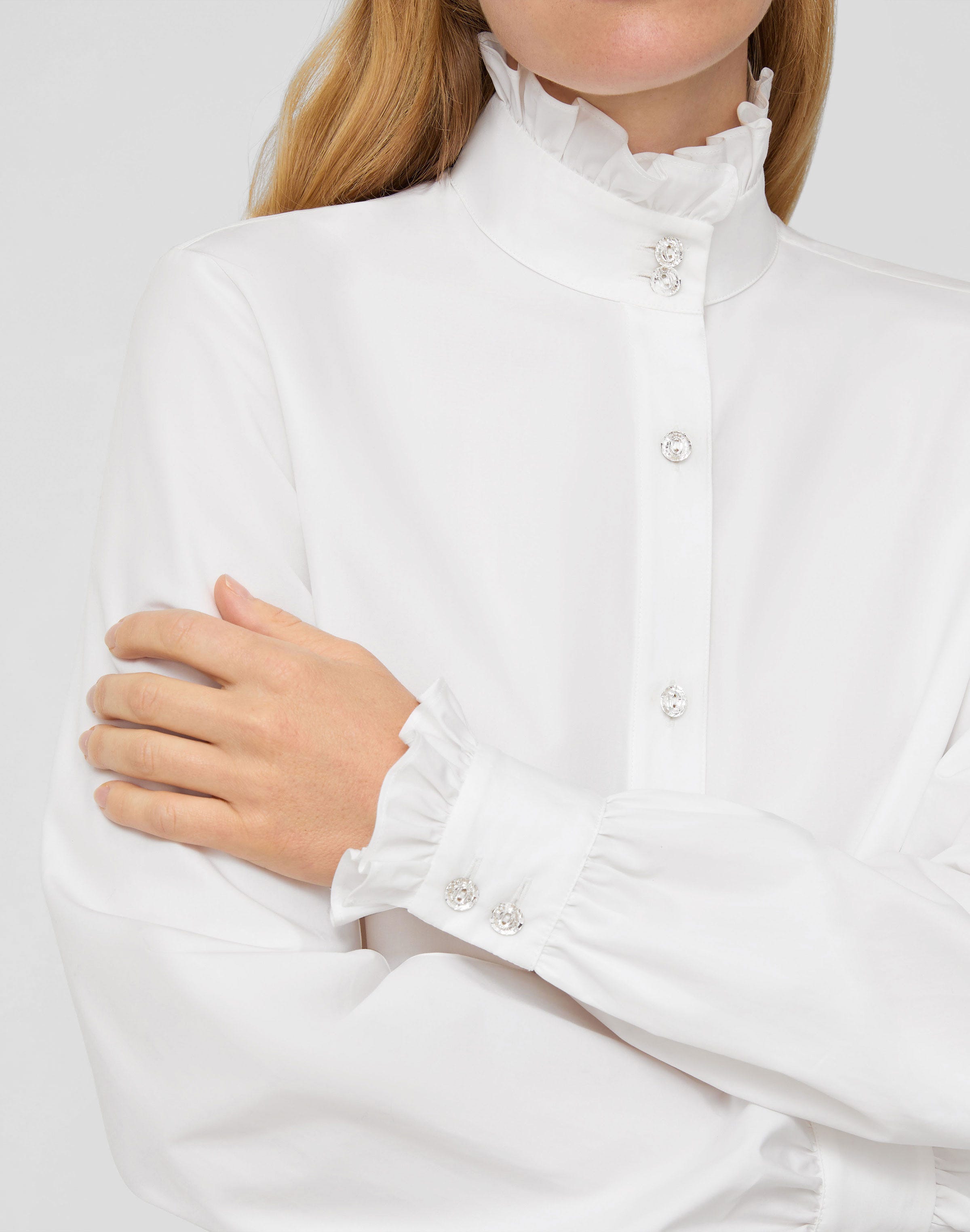Organic Cotton Poplin Crystal Button Ruffle Shirt