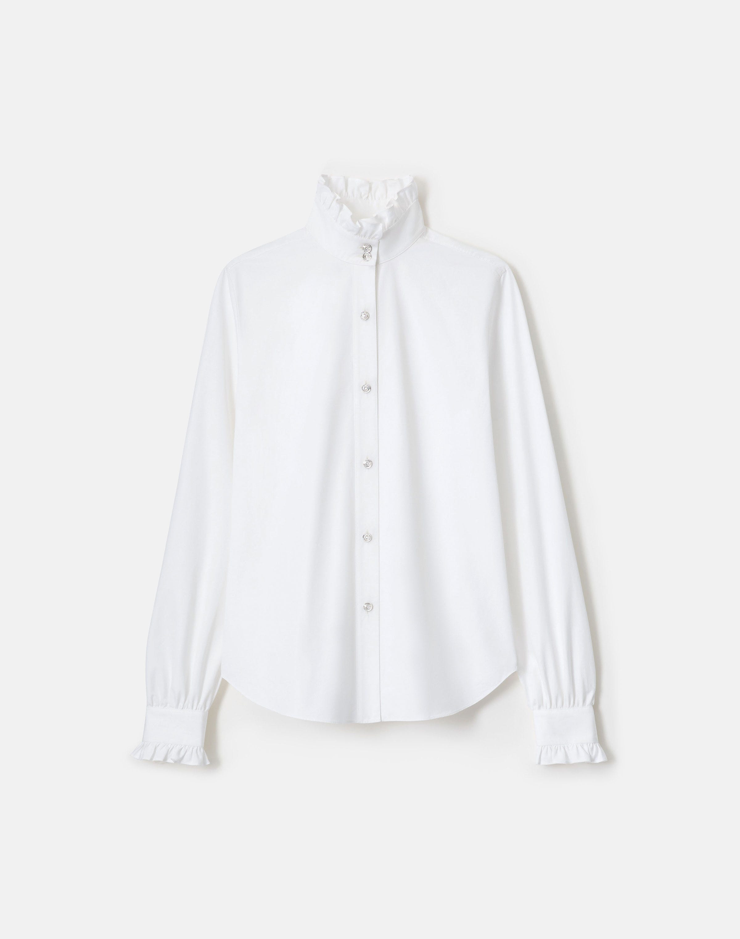 Organic Cotton Poplin Crystal Button Ruffle Shirt
