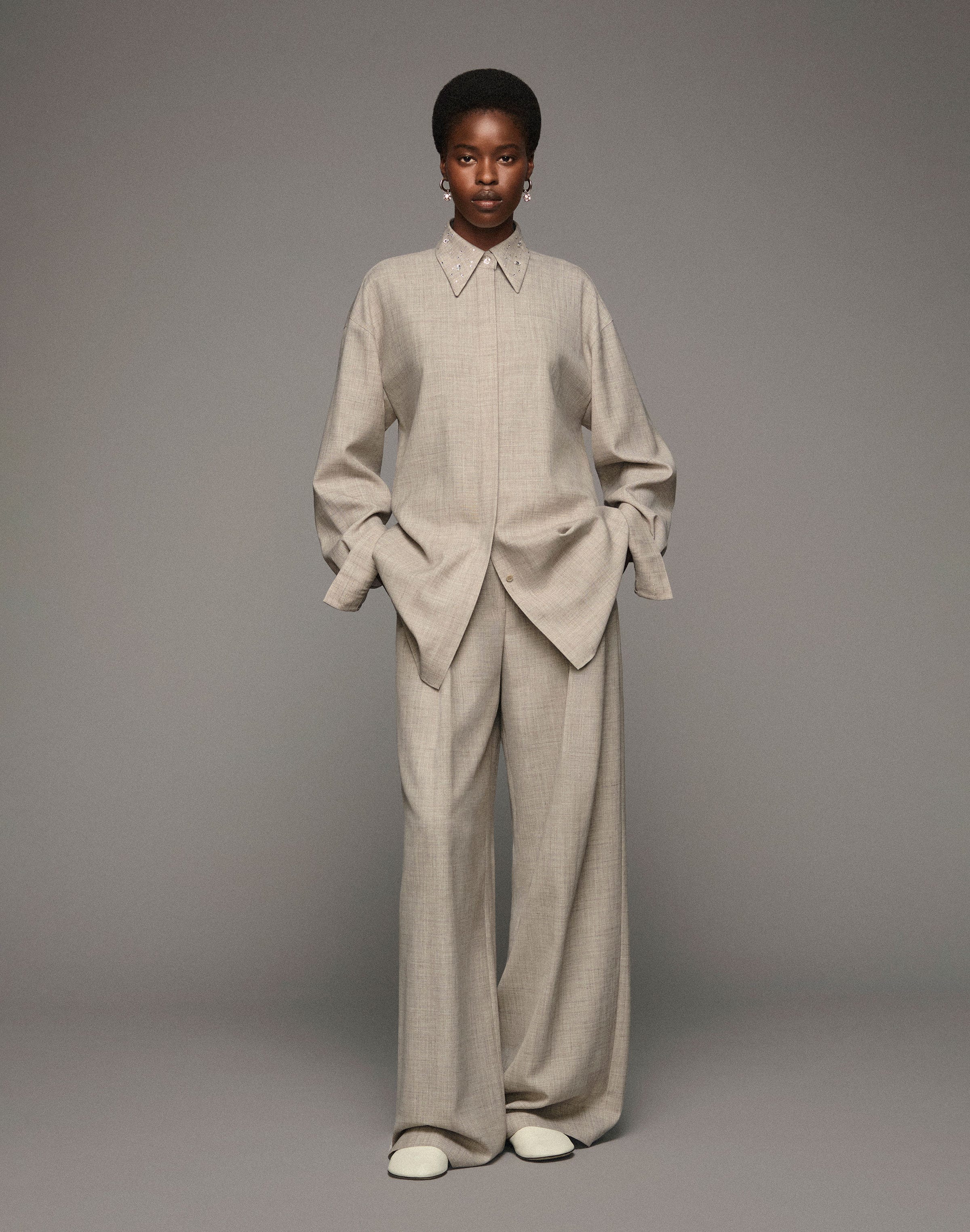 Tropical Wool-Silk Crystal Embellished Collar Oversized Shirt 