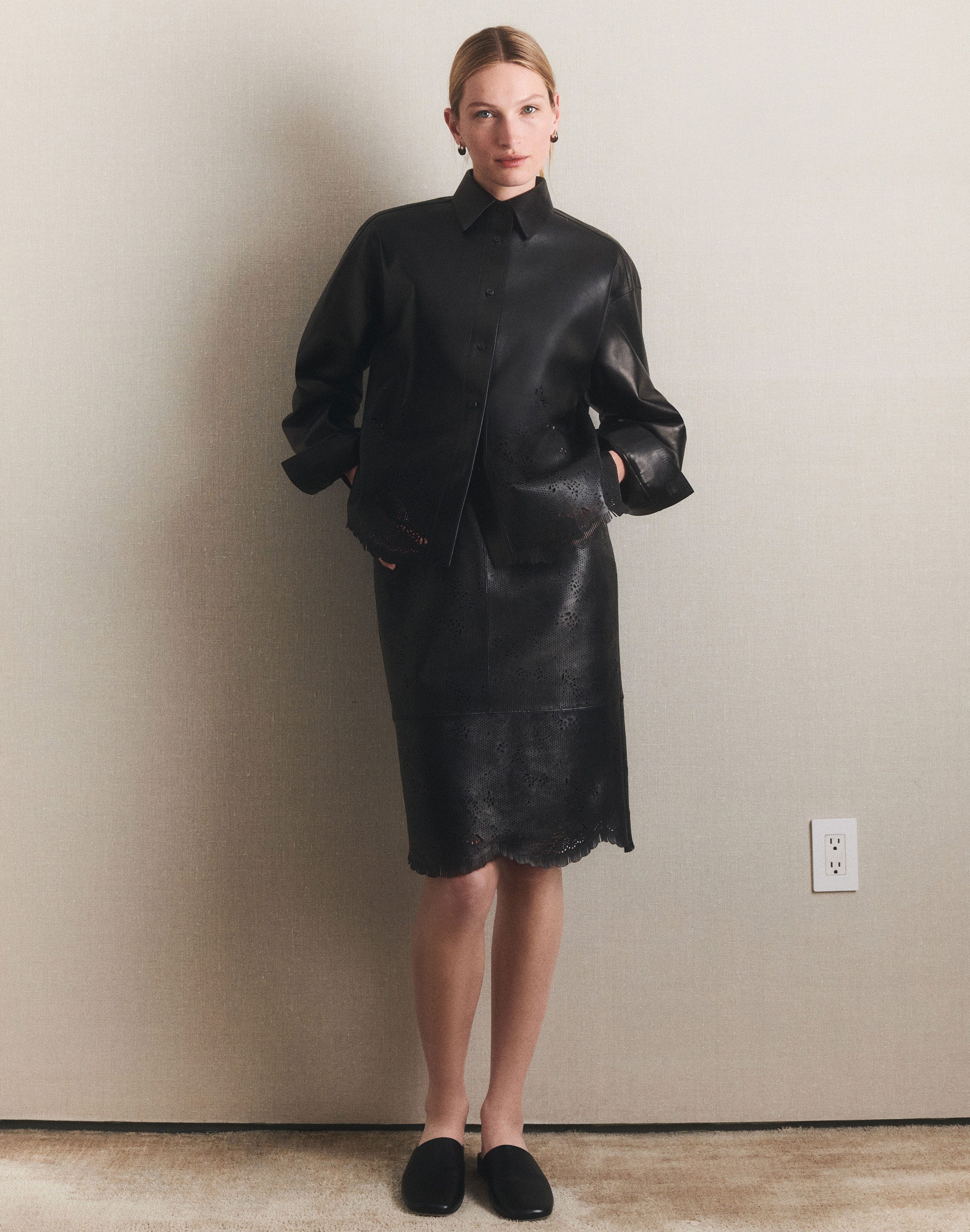 Laser Cut Nappa Leather Oversized Cropped Shirt