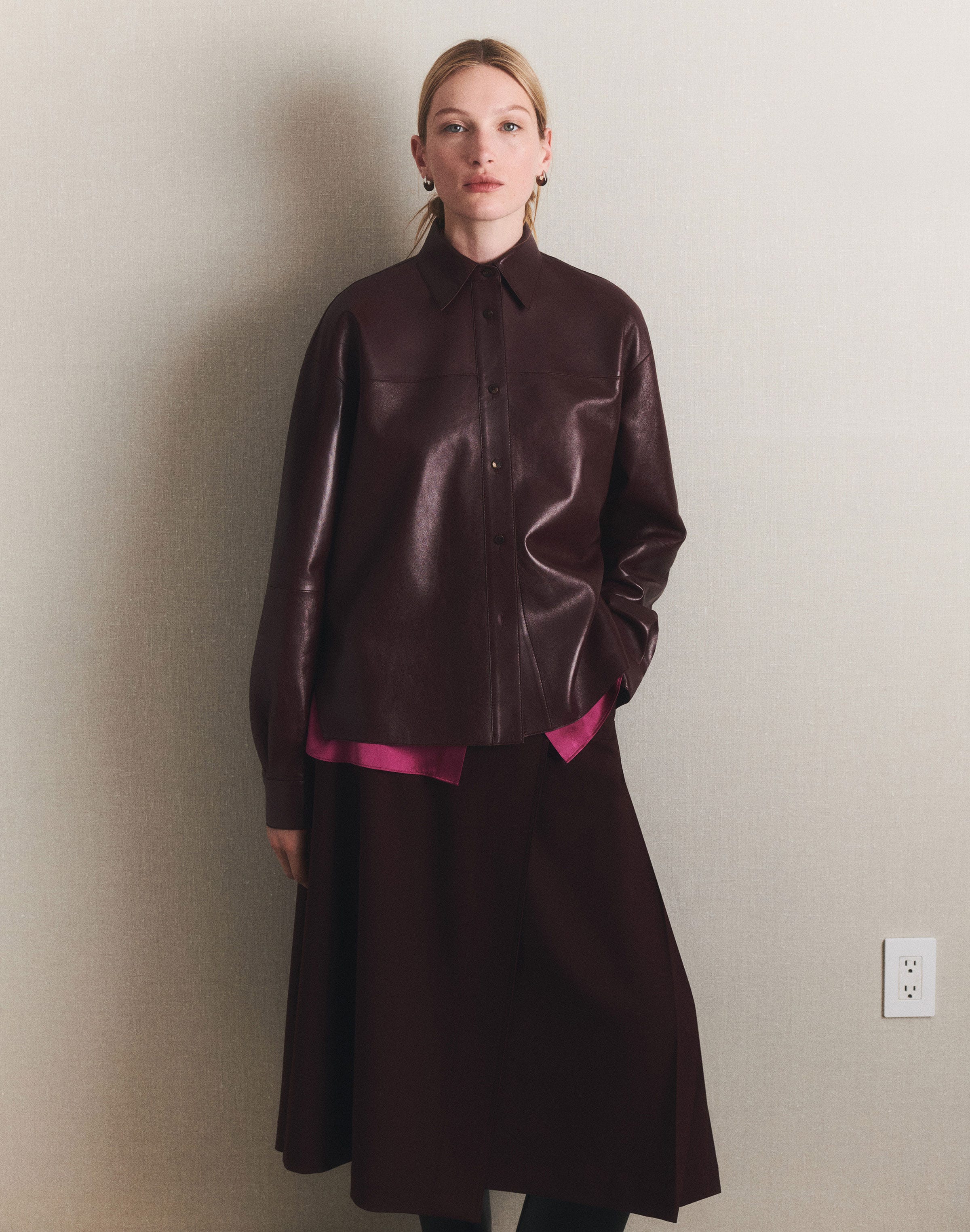 Plus-Size Nappa Leather Oversized Cropped Shirt