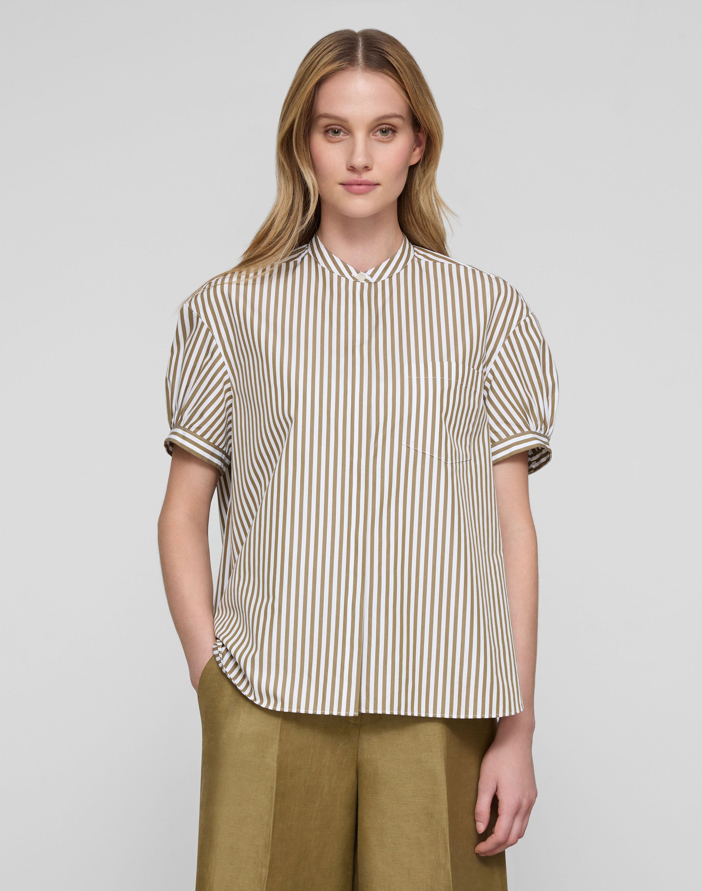 Striped Cotton Puff Sleeve Oversized Shirt