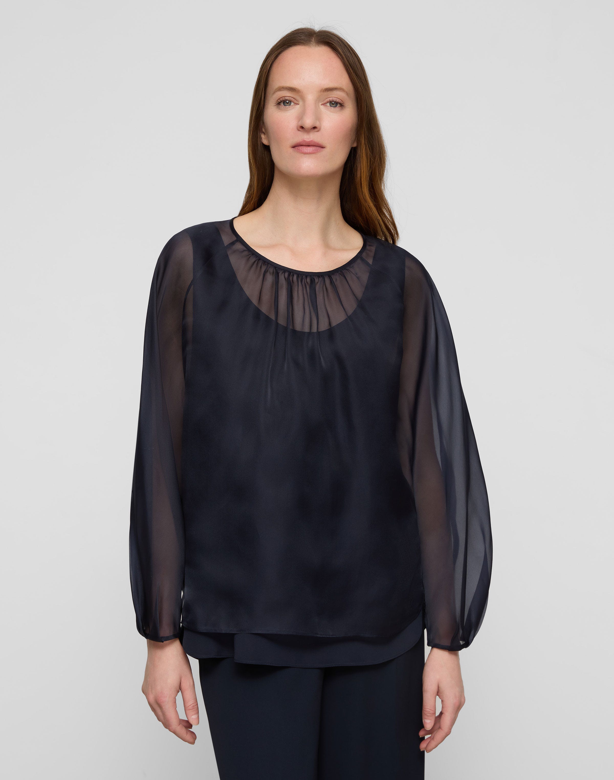 Plus-Size Organza Silk Blouson Sleeve Oversized Blouse