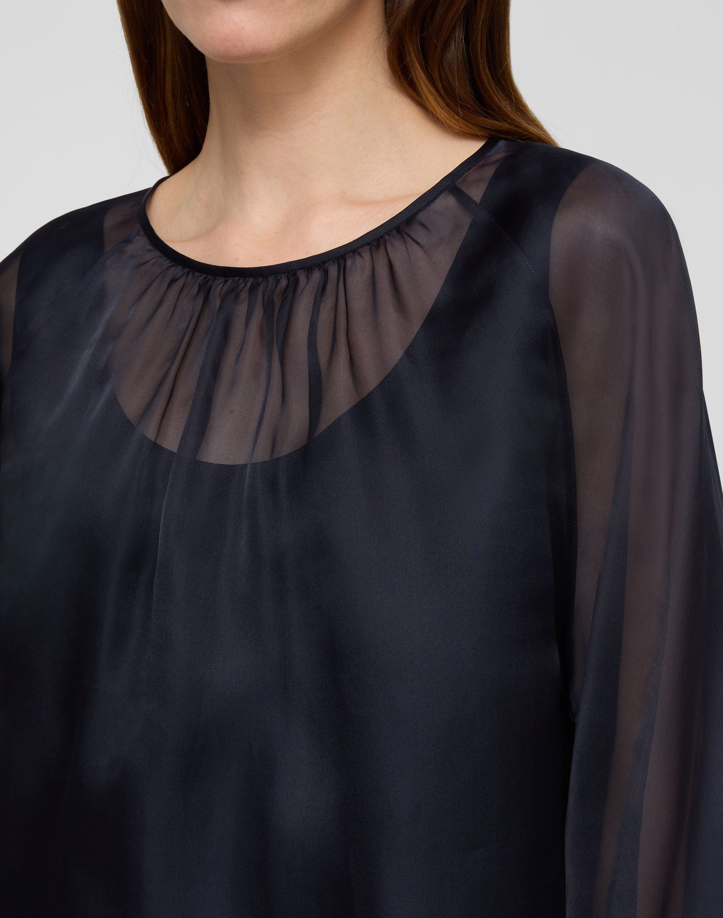 Plus-Size Organza Silk Blouson Sleeve Oversized Blouse