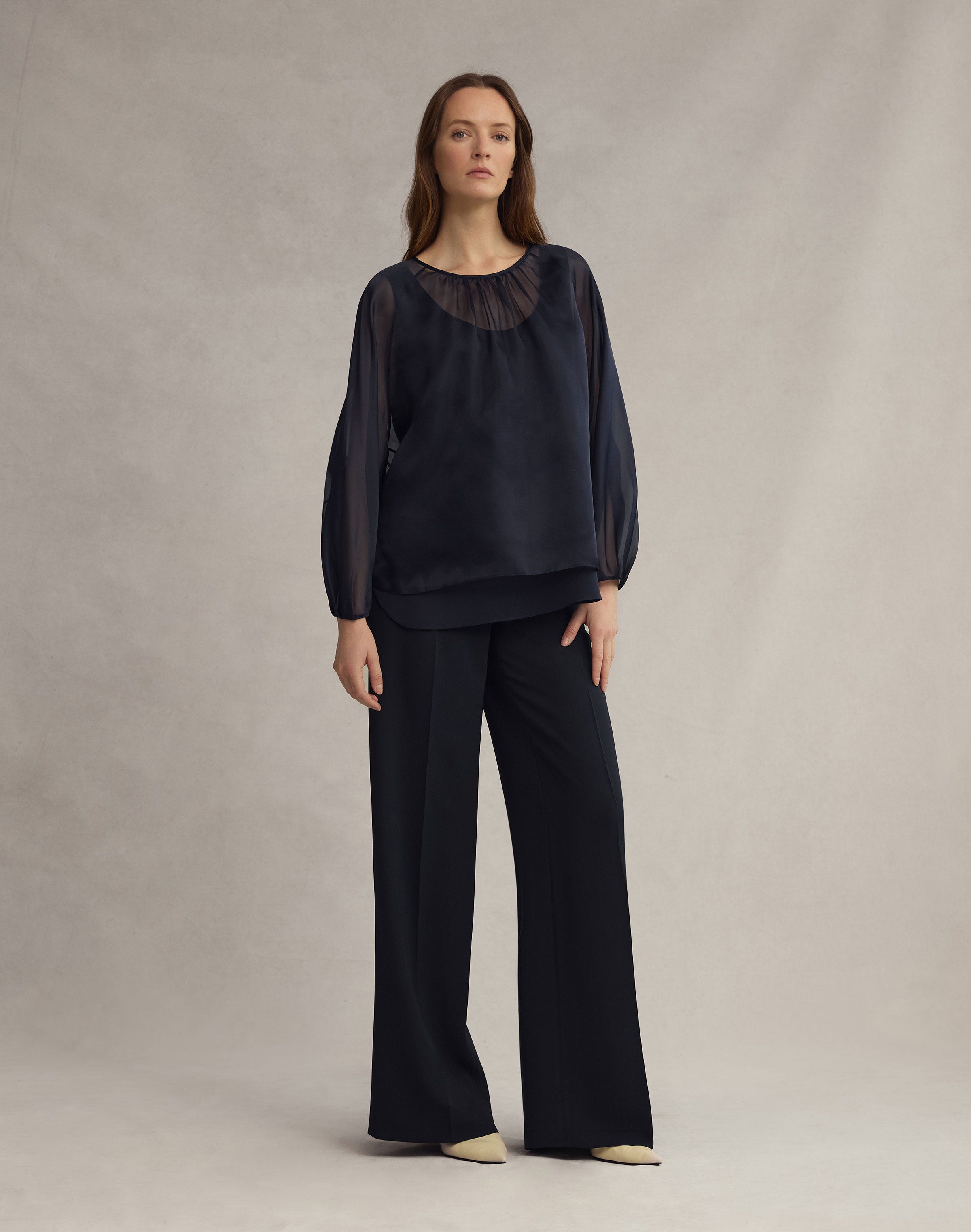 Plus-Size Organza Silk Blouson Sleeve Oversized Blouse