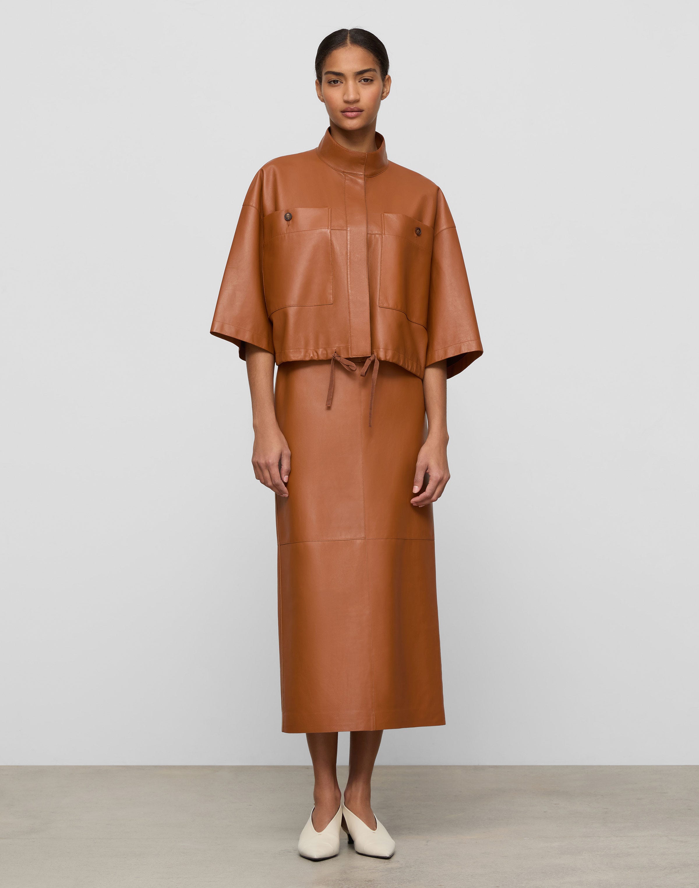 Nappa Leather Oversized Cropped Shirt Jacket