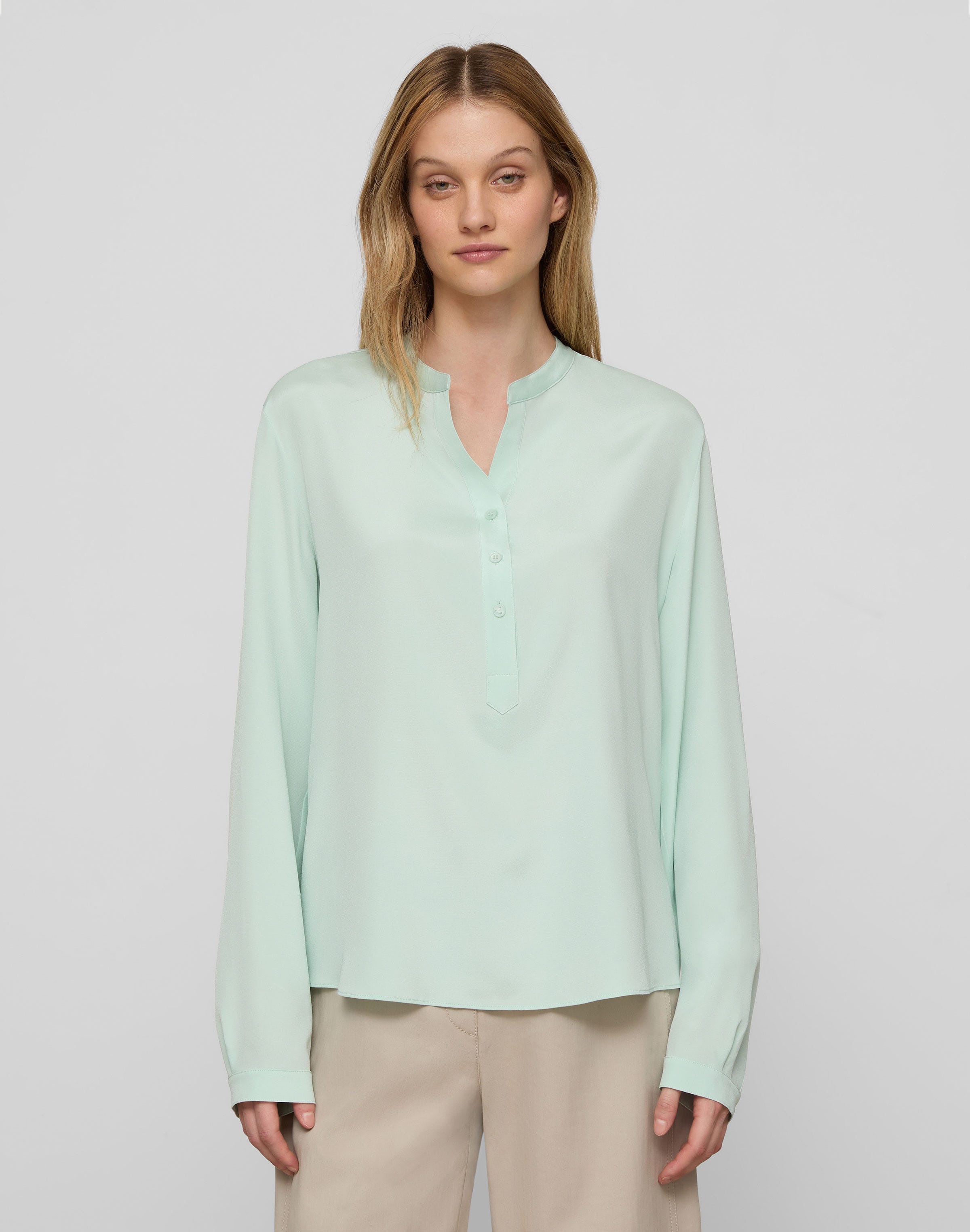 Plus-Size Organic Silk Stretch Long Sleeve Georgette Henley Blouse