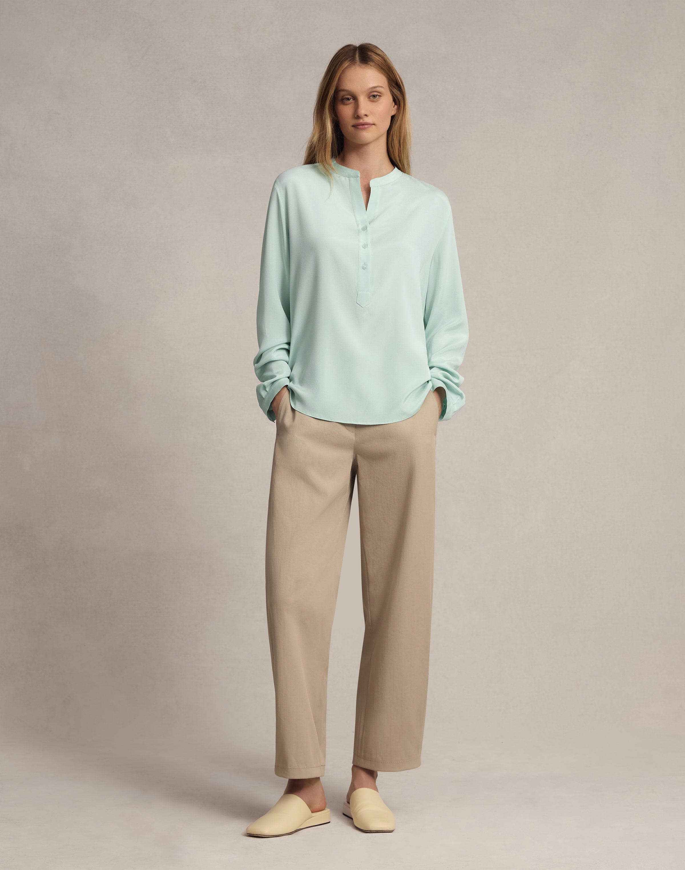 Plus-Size Organic Silk Stretch Long Sleeve Georgette Henley Blouse
