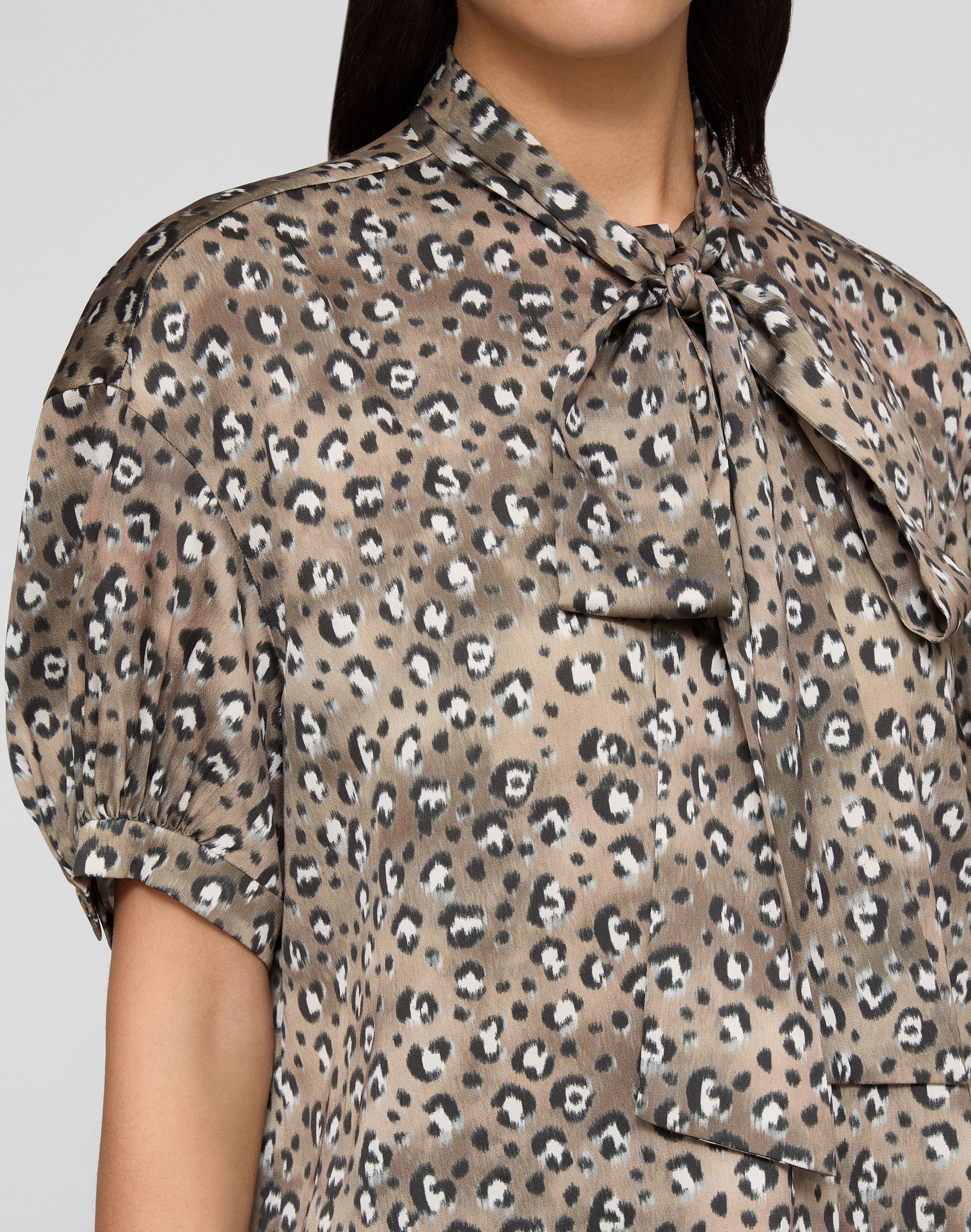Leopard Print Satin Puff Sleeve Bow Blouse