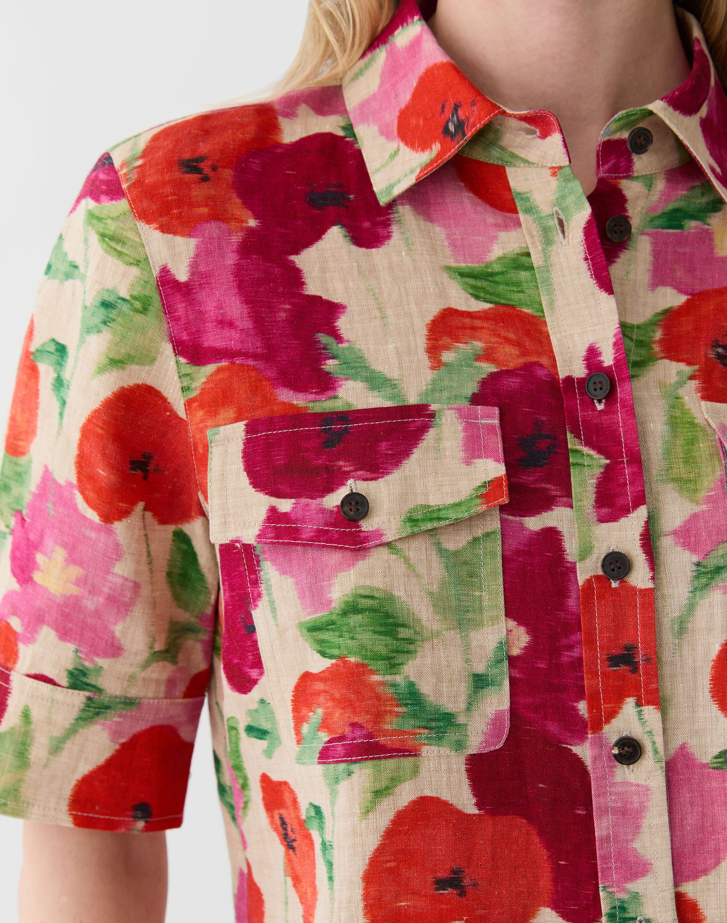 Plus-Size Blossom Print Organic Linen Patch Pocket Shirt