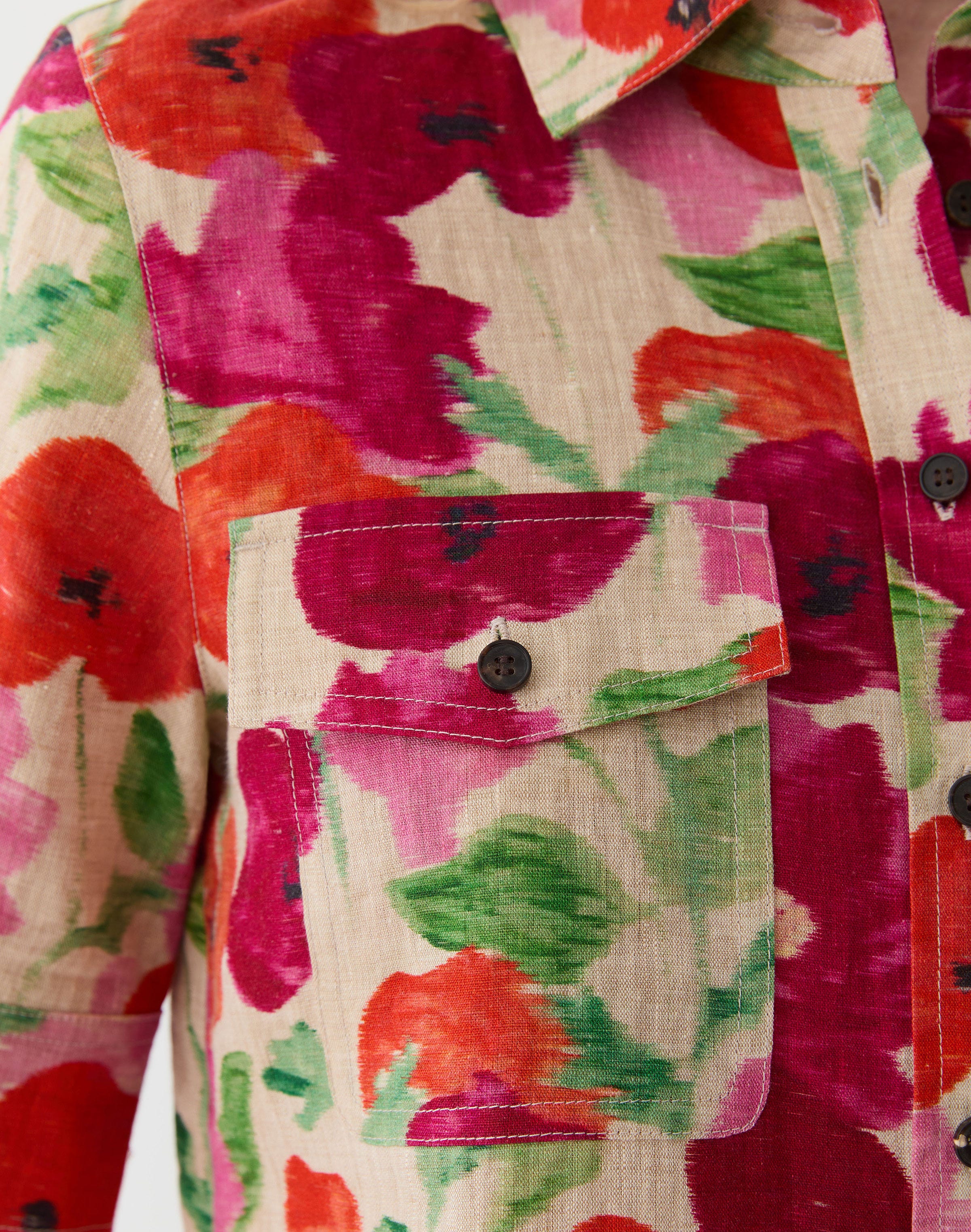 Plus-Size Blossom Print Organic Linen Patch Pocket Shirt