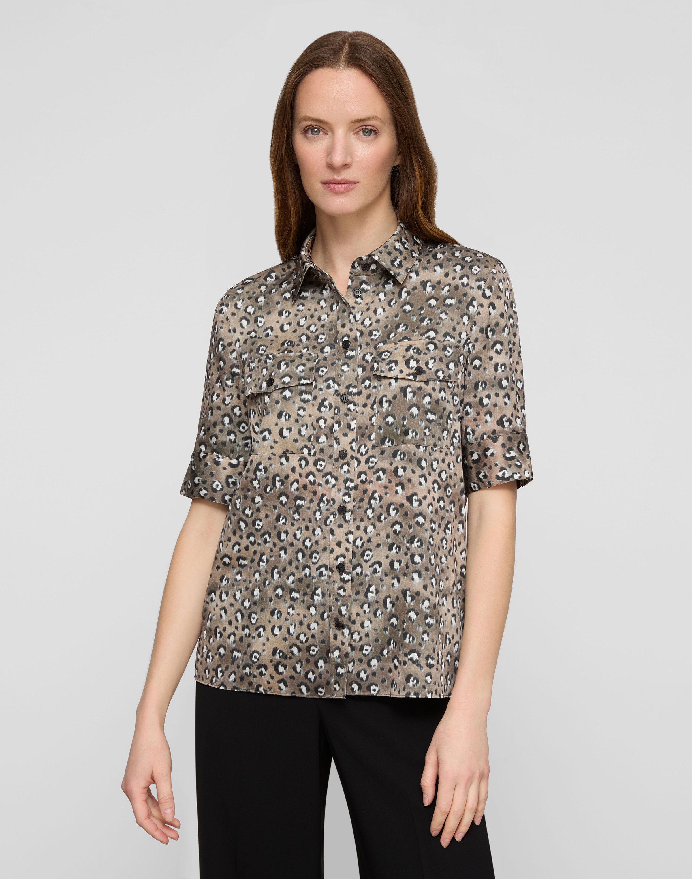 Leopard Print Satin Patch Pocket Blouse