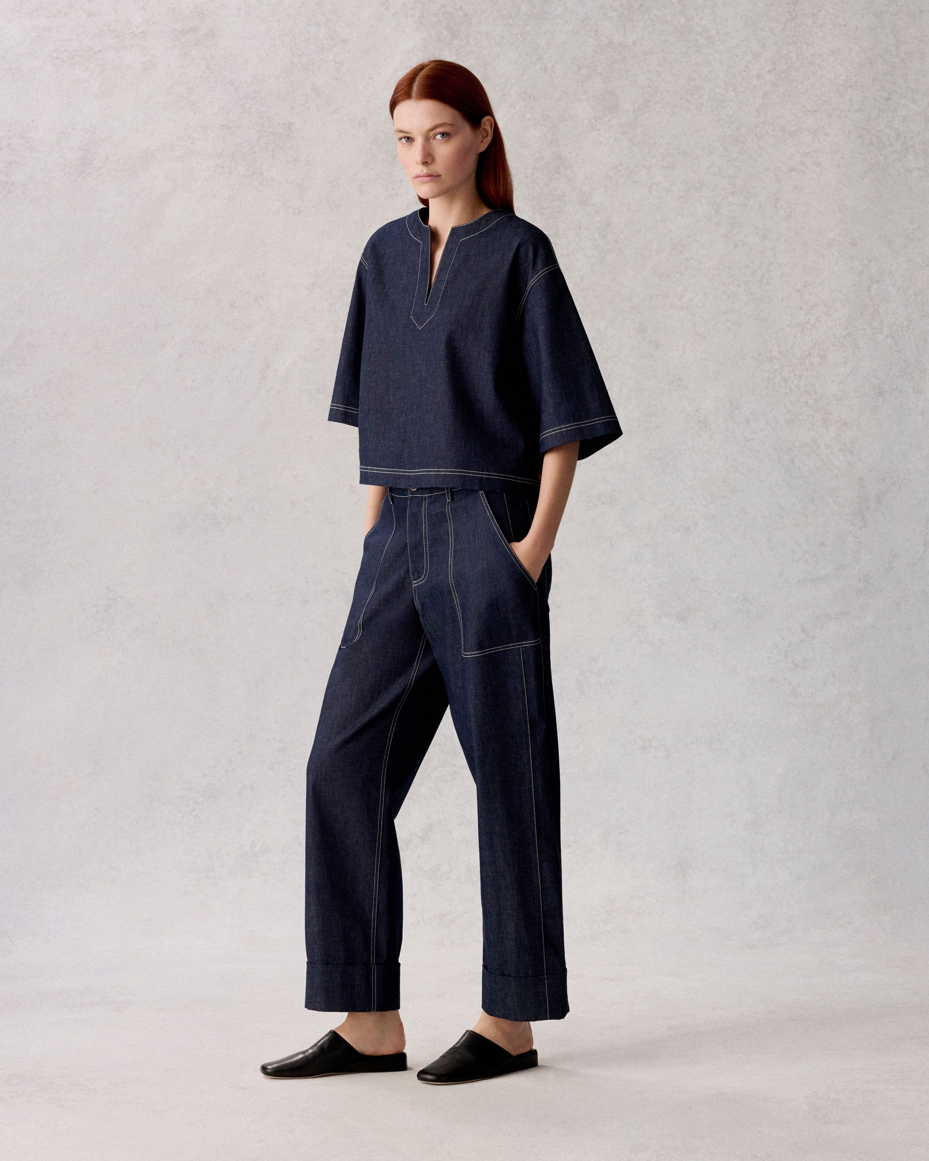 Chambray Cropped Shirt and Ankle Pant