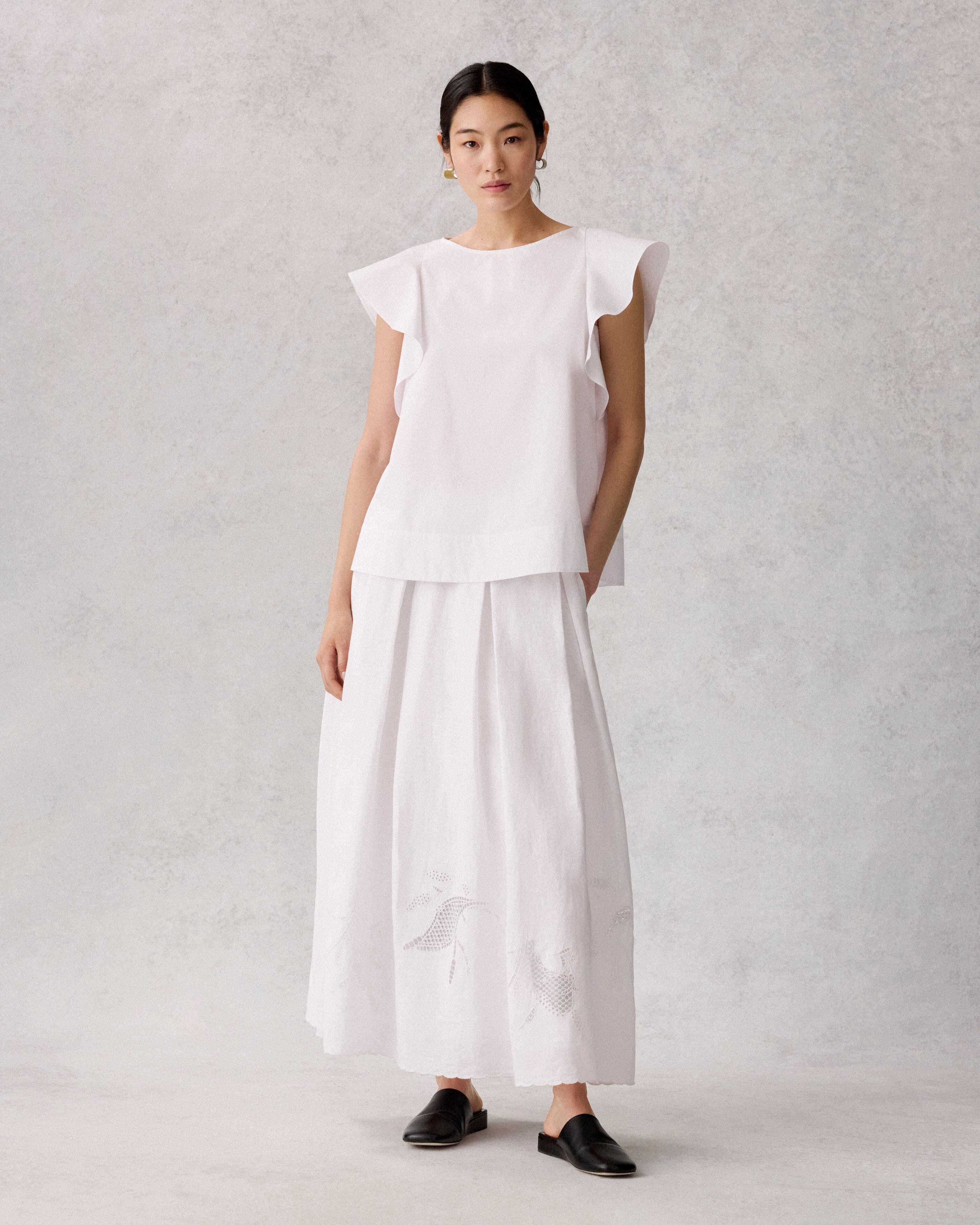 Flutter Sleeve Shirt and Embroidered Cutout Maxi Skirt