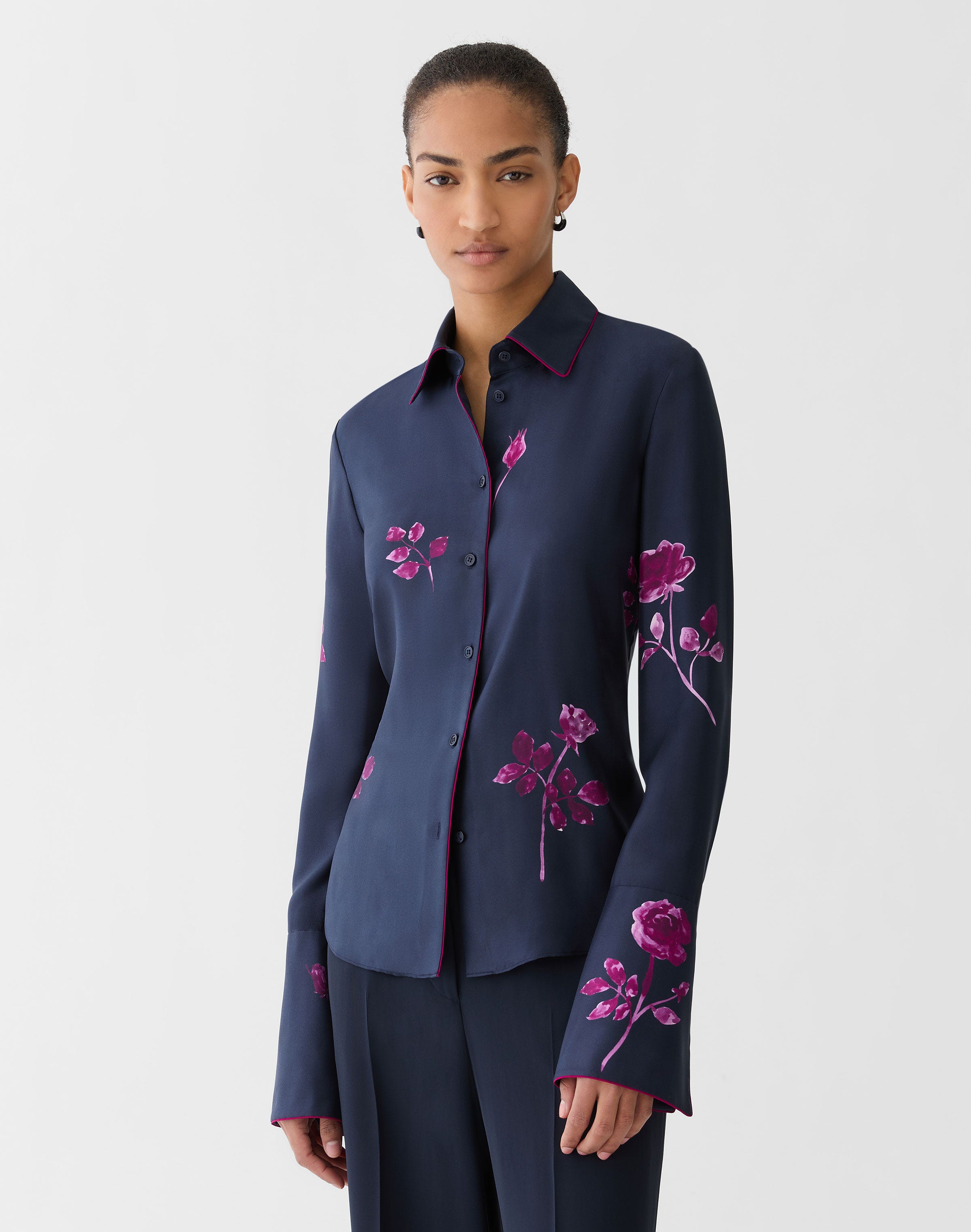 Plus-Size Rose Print Silk Twill French Cuff Blouse