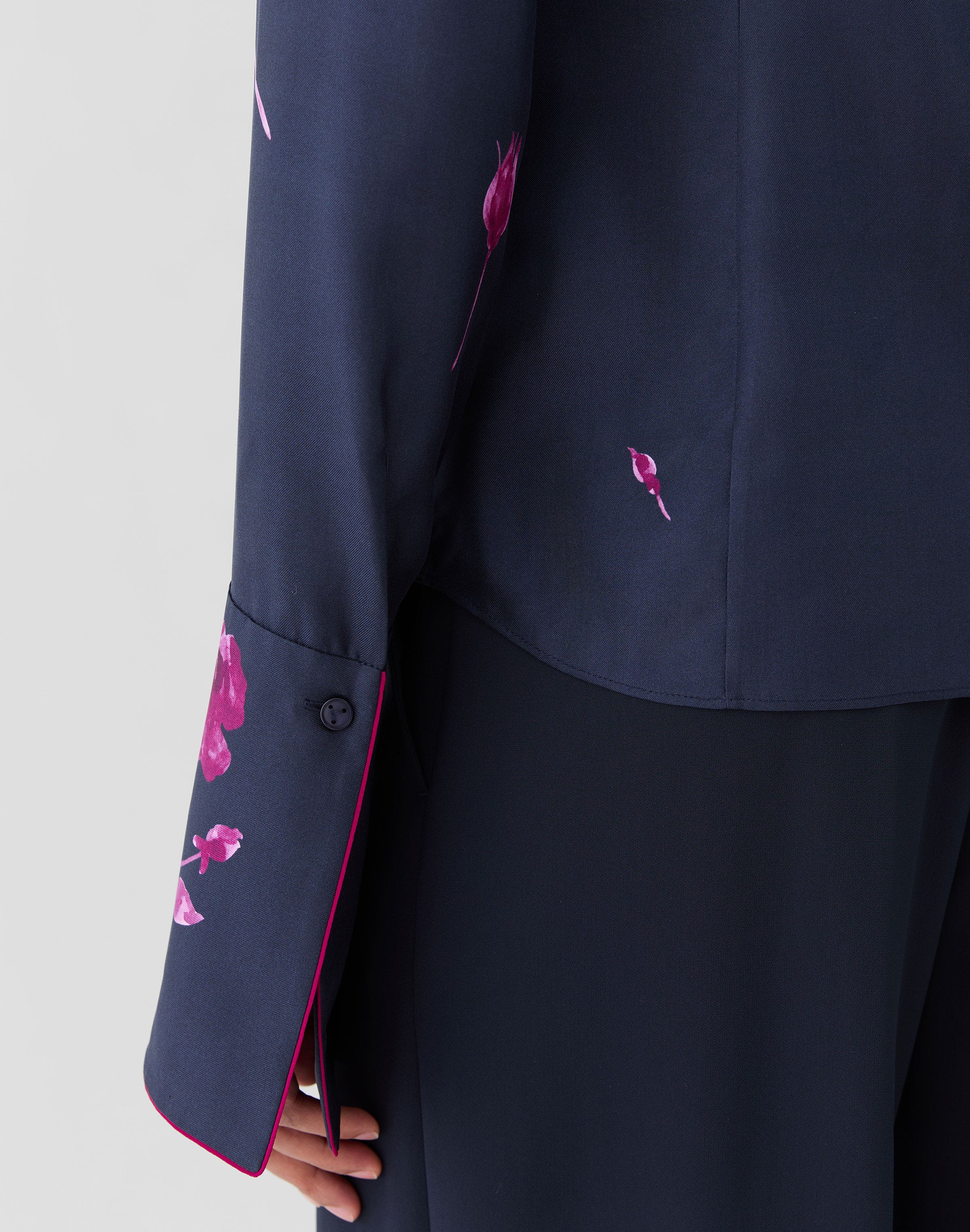 Plus-Size Rose Print Silk Twill French Cuff Blouse