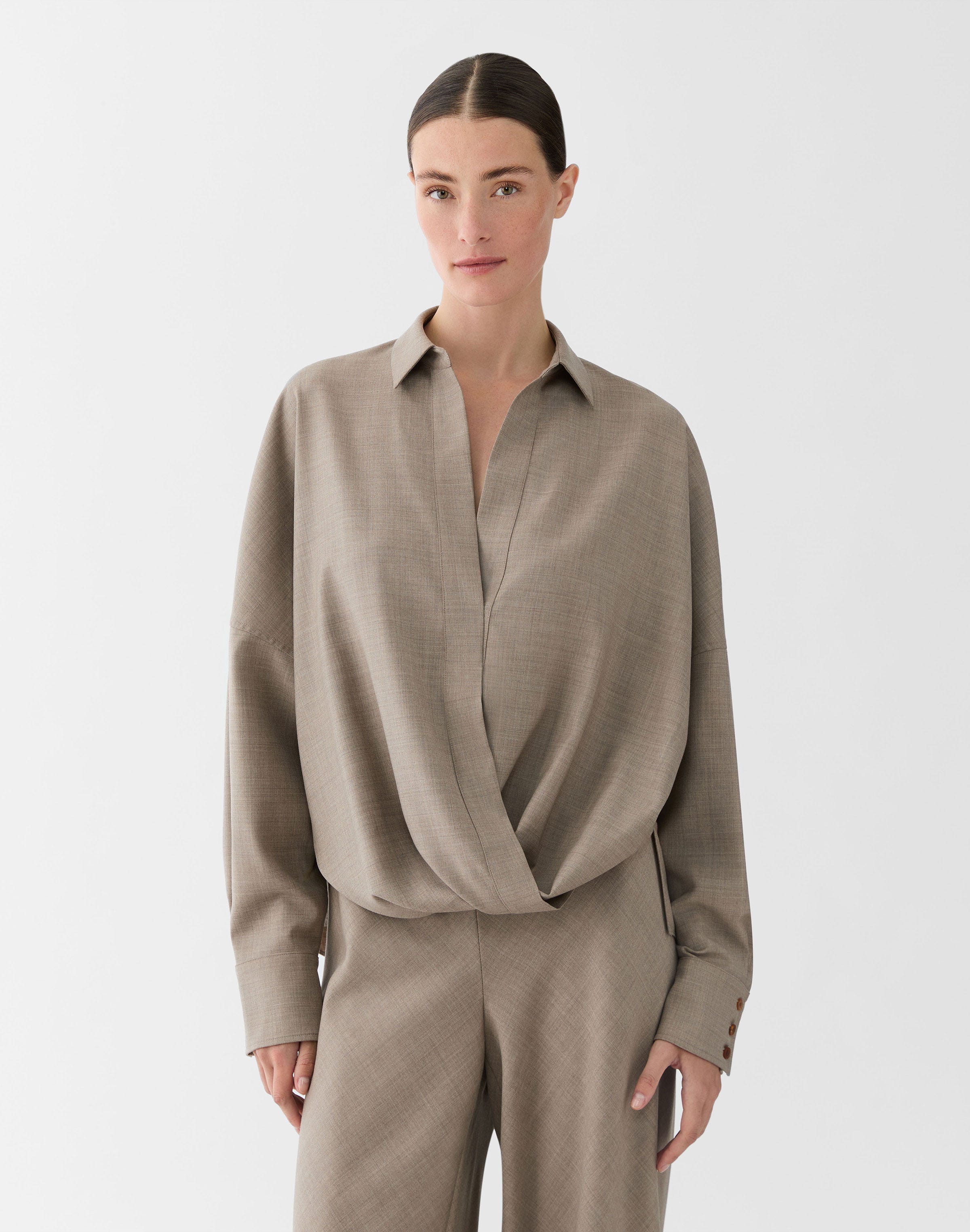Fluid Wool Popover Wrap Shirt