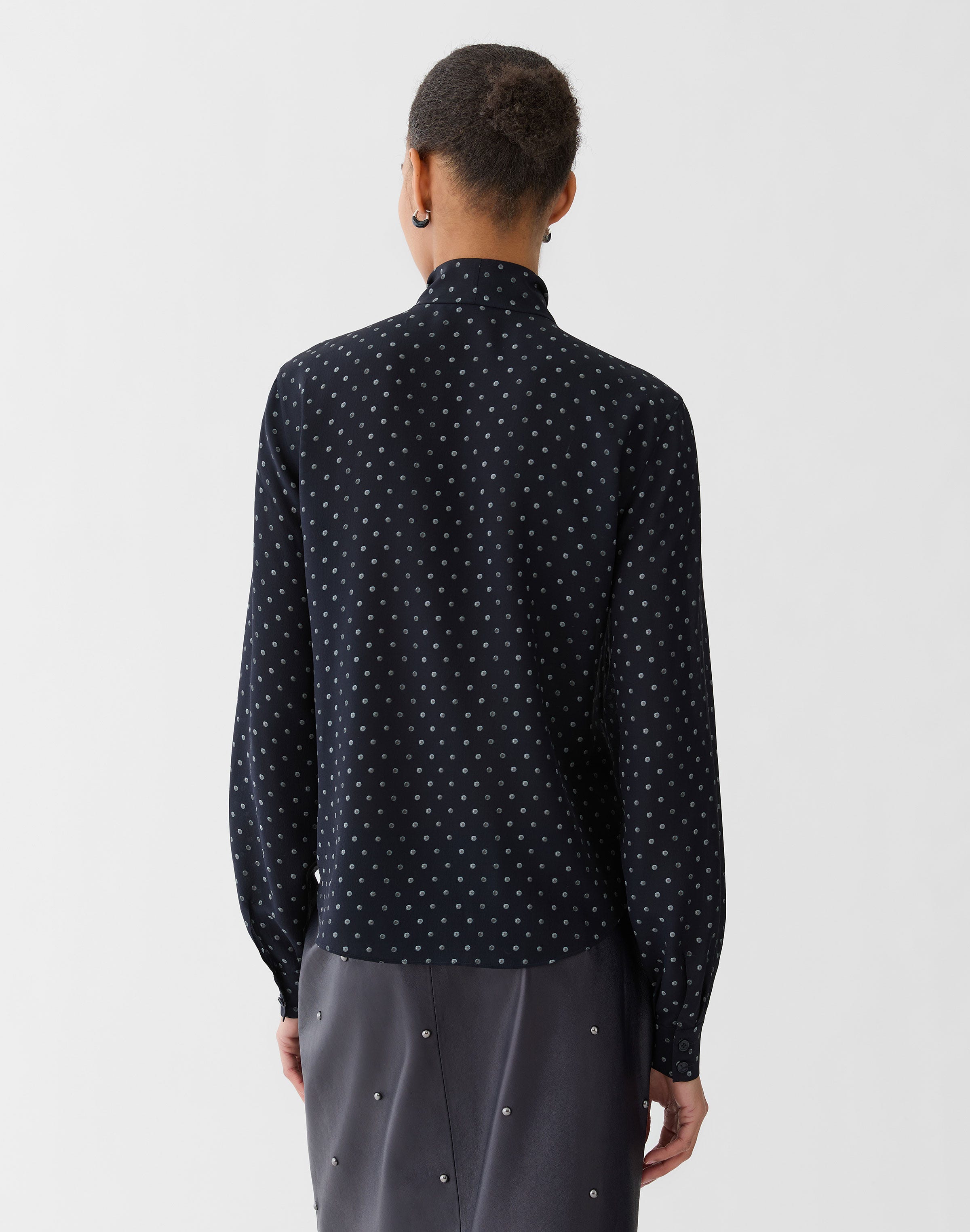 Plus-Size Polka Dot Print Silk Crepe De Chine Tie Neck Blouse