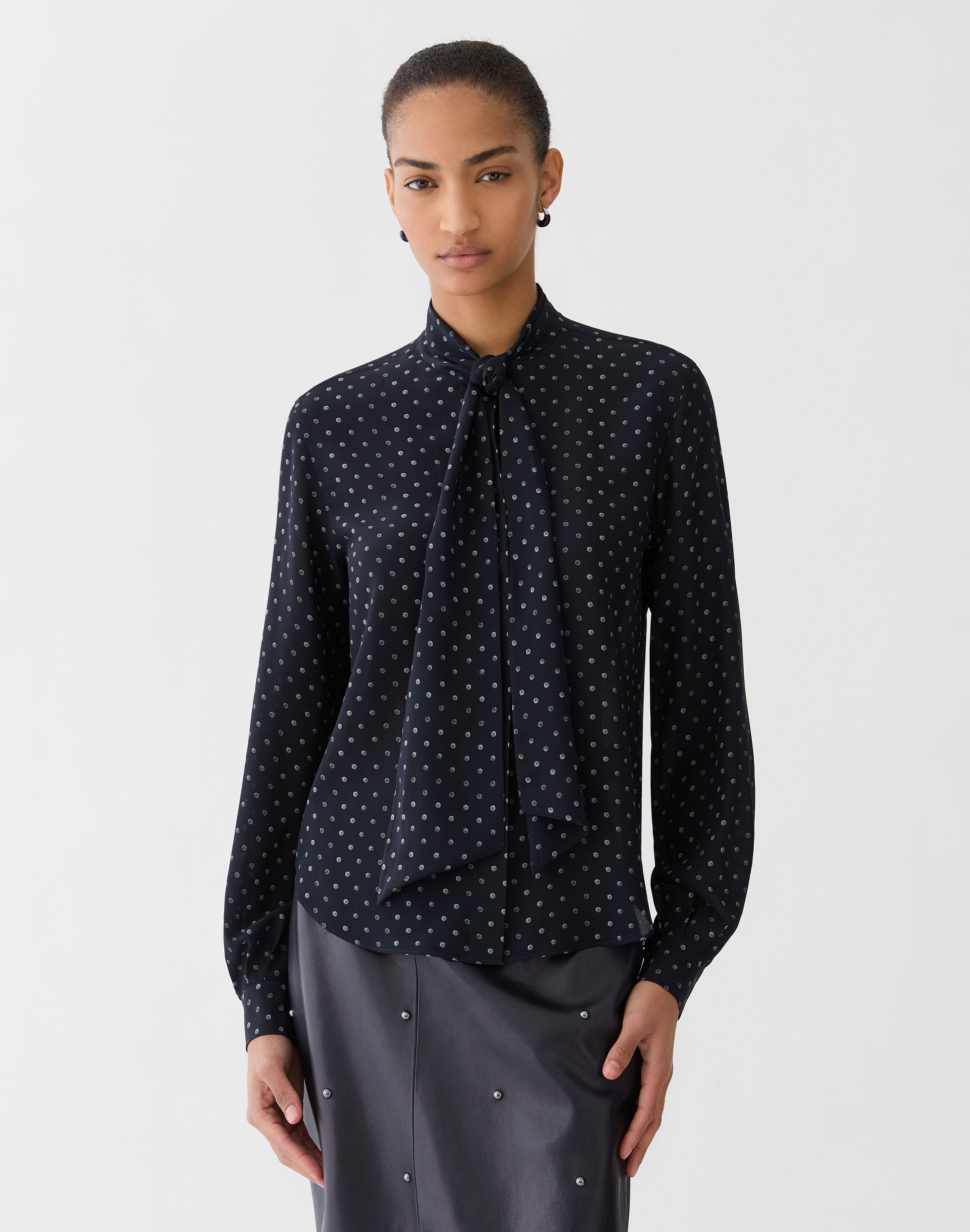 Plus-Size Polka Dot Print Silk Crepe De Chine Tie Neck Blouse