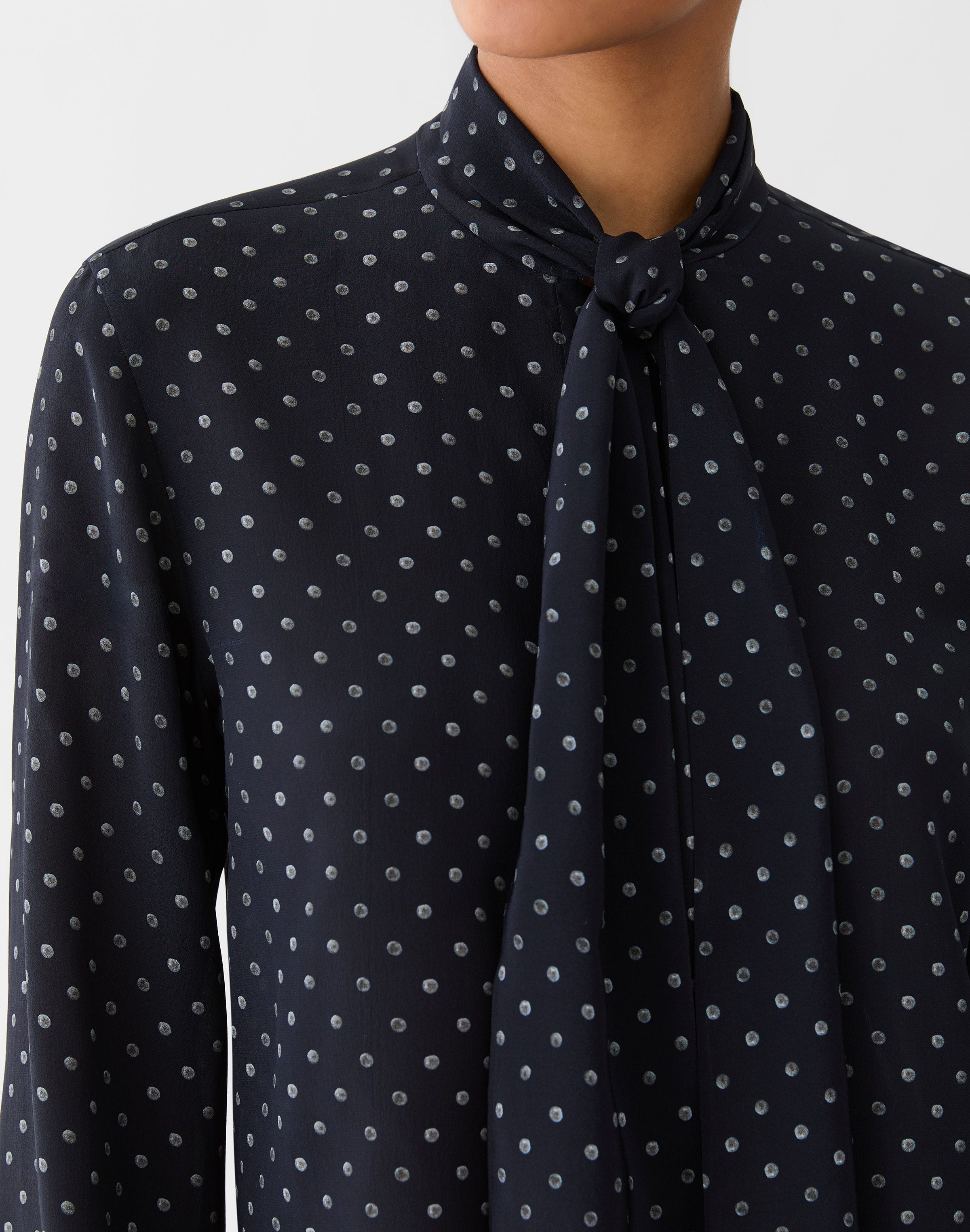 Plus-Size Polka Dot Print Silk Crepe De Chine Tie Neck Blouse