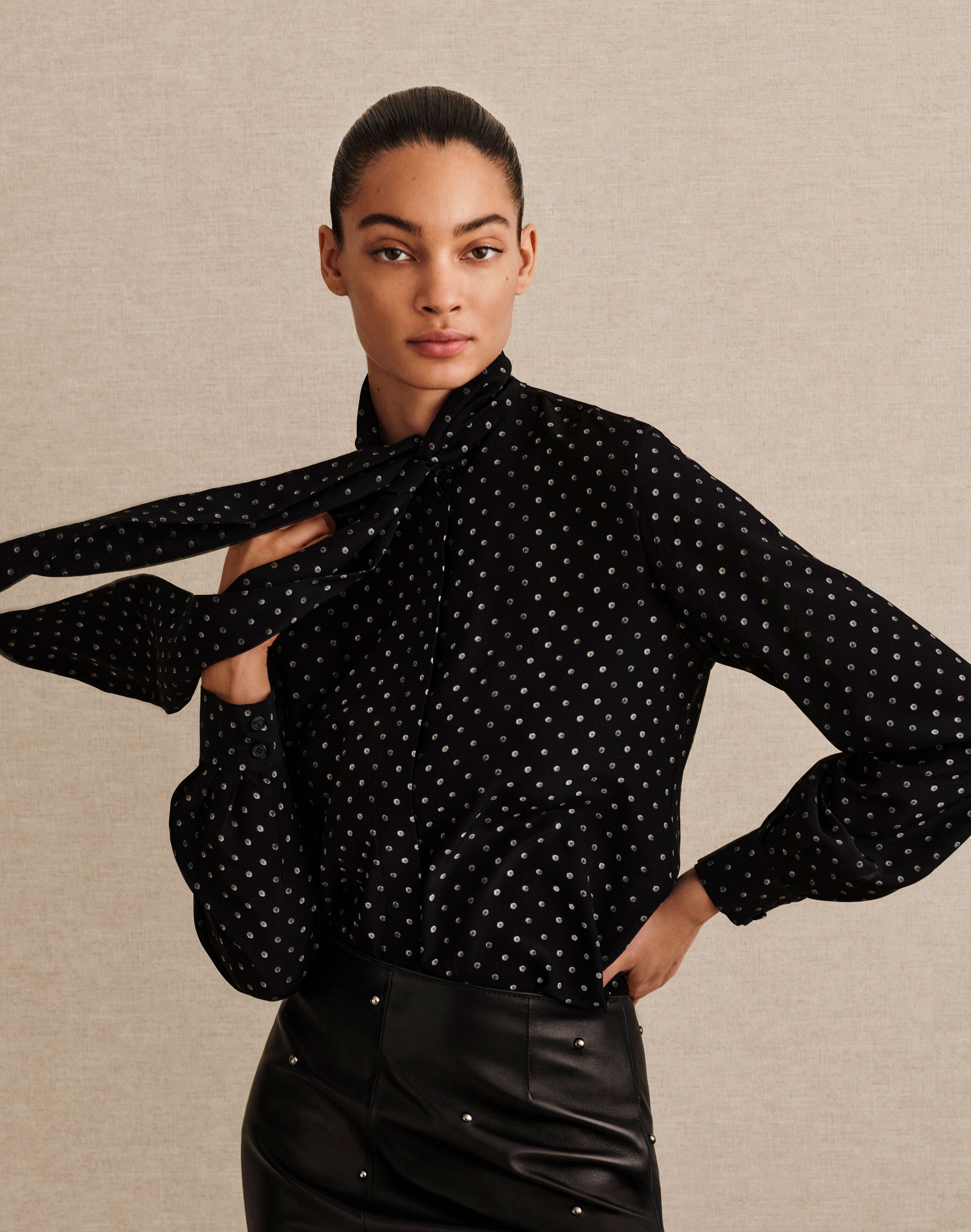 Plus-Size Polka Dot Print Silk Crepe De Chine Tie Neck Blouse