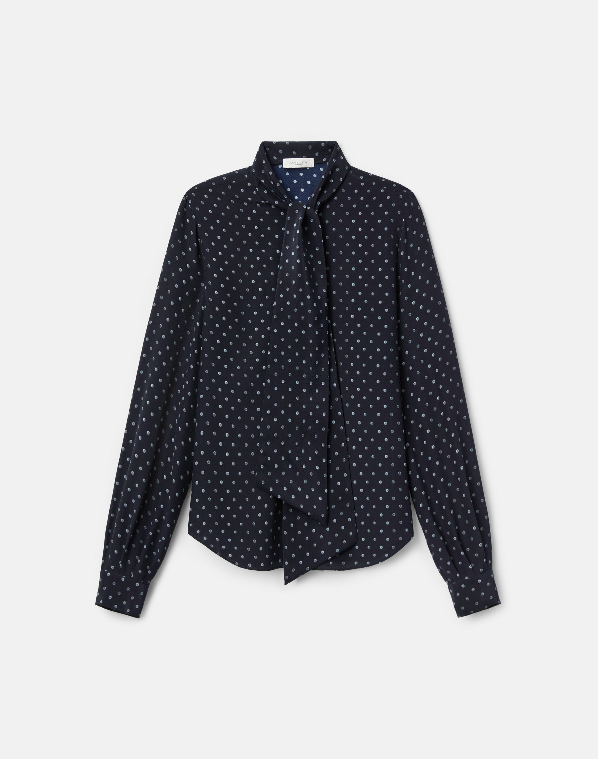 Plus-Size Polka Dot Print Silk Crepe De Chine Tie Neck Blouse