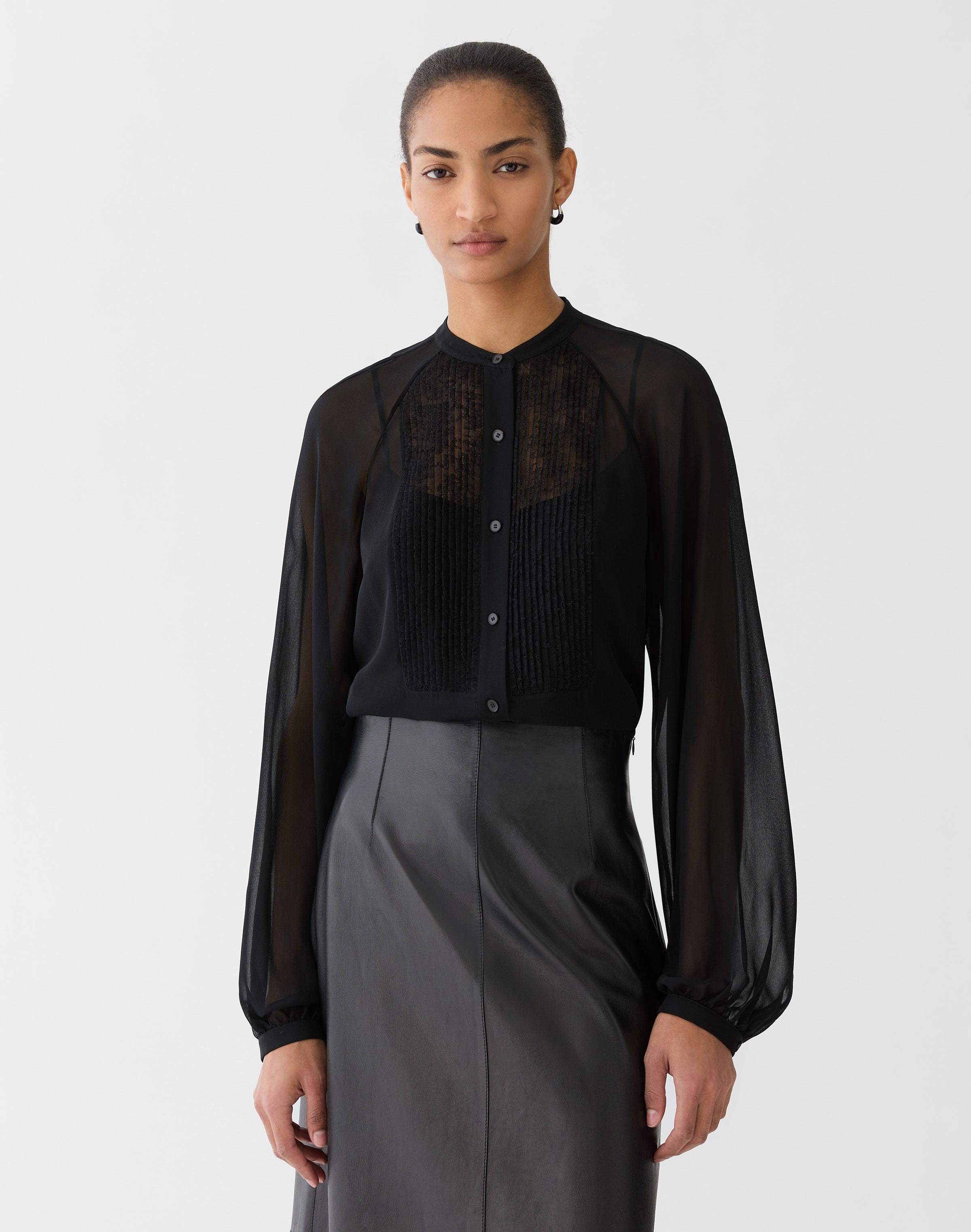 Silk Georgette & Chantilly Lace Tuxedo Blouse