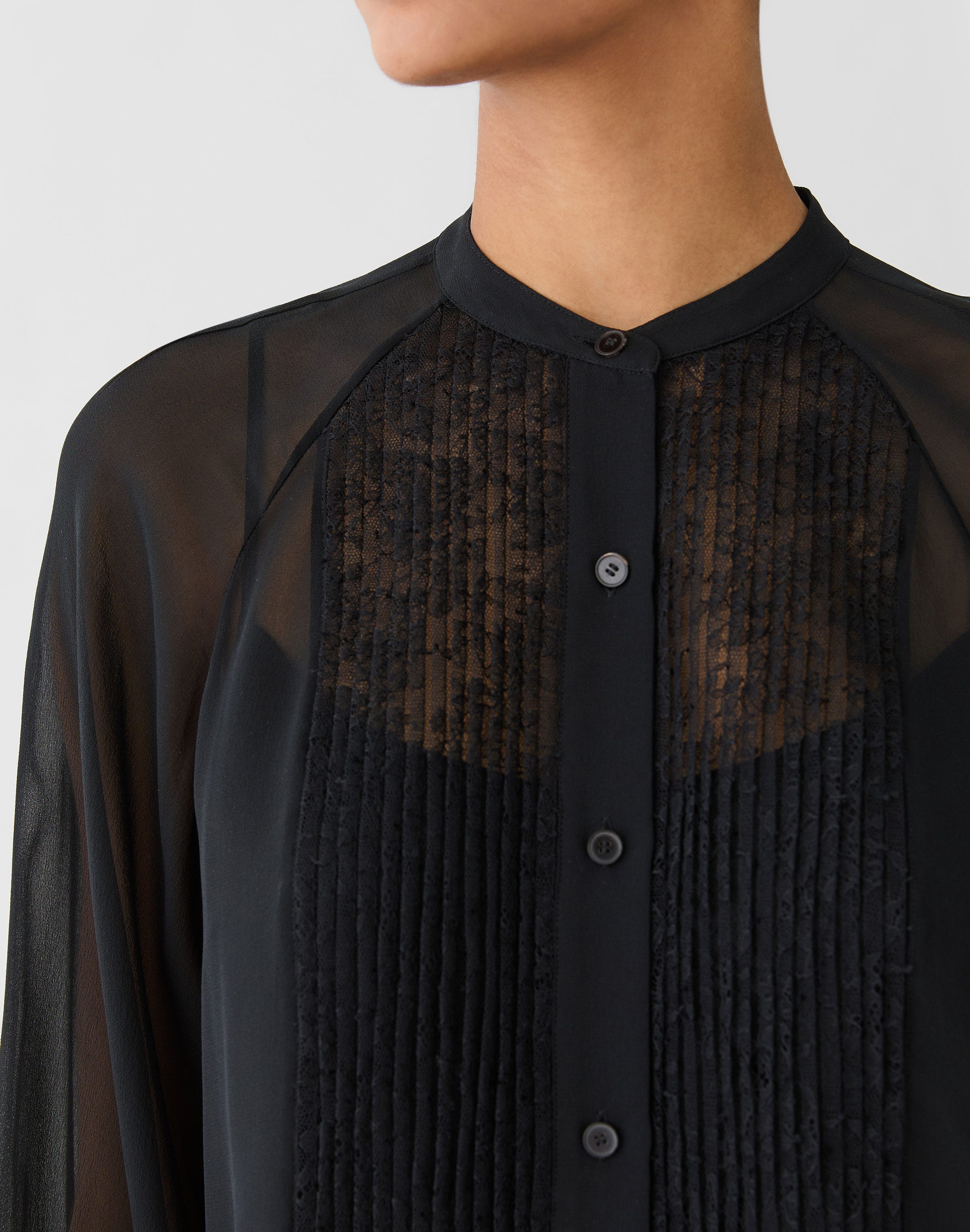 Silk Georgette & Chantilly Lace Tuxedo Blouse