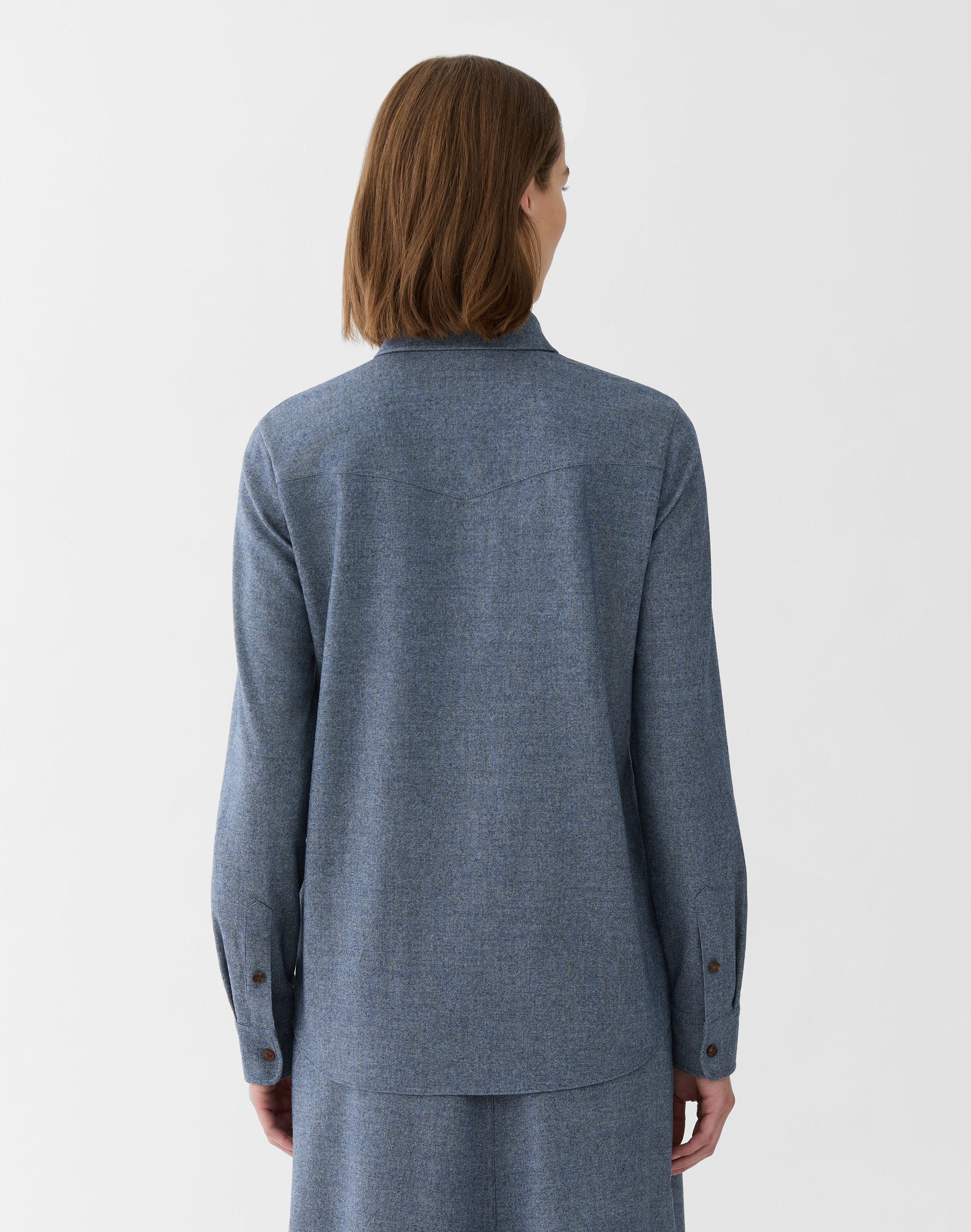 Denim-Effect Wool-Cashmere Flannel Western Blouse