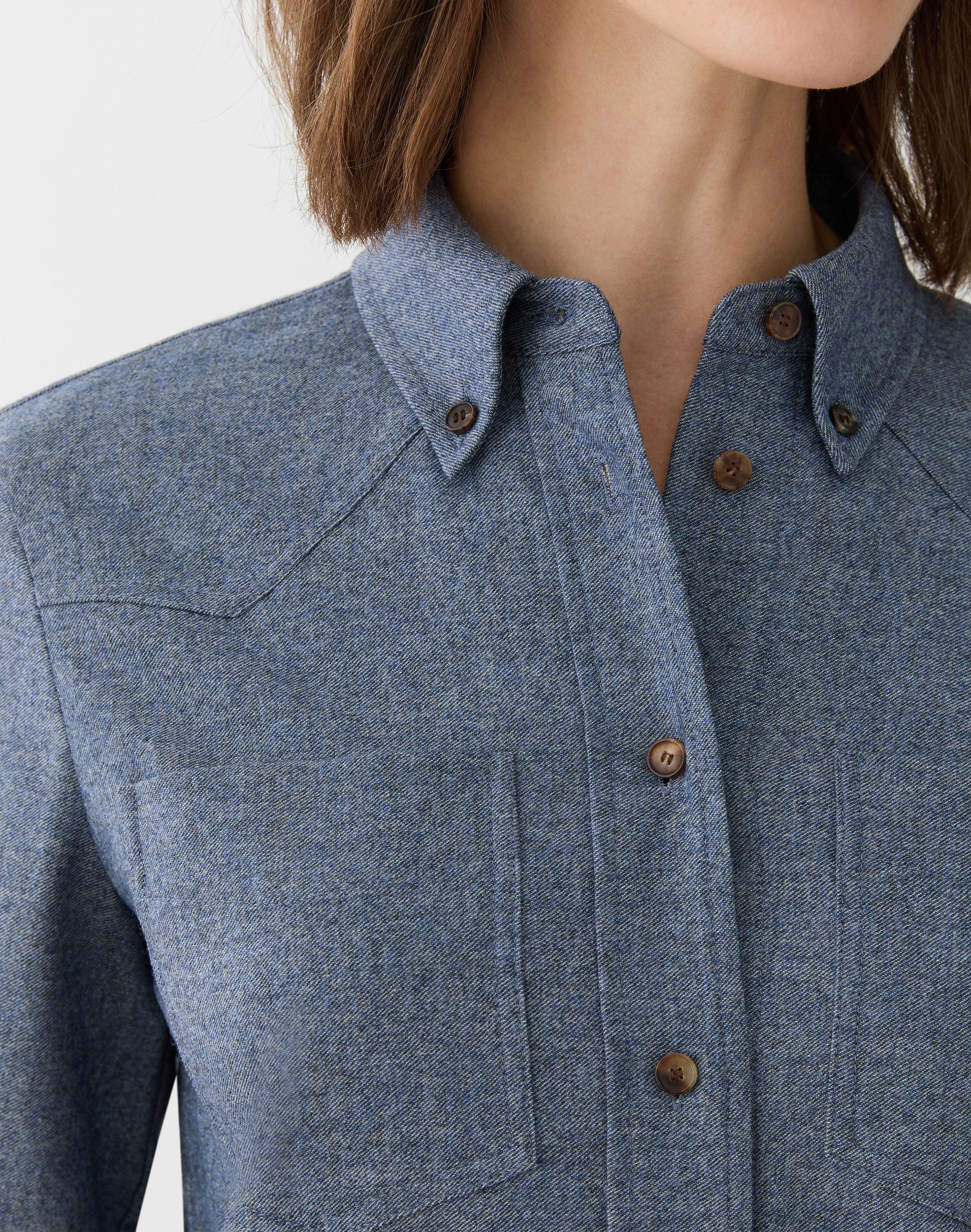 Denim-Effect Wool-Cashmere Flannel Western Blouse