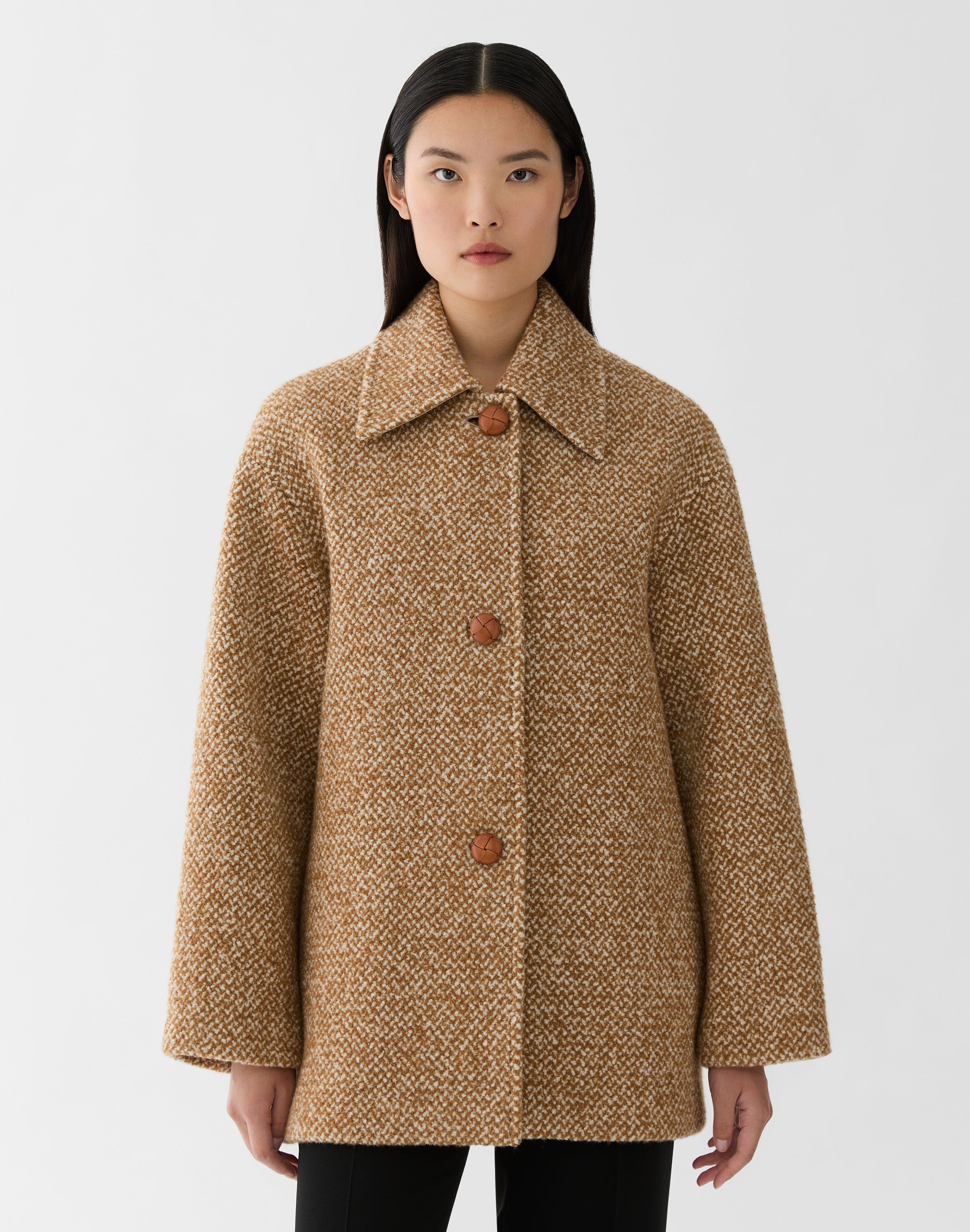 Plus-Size Wool-Cashmere Bouclé Herringbone Swing Coat