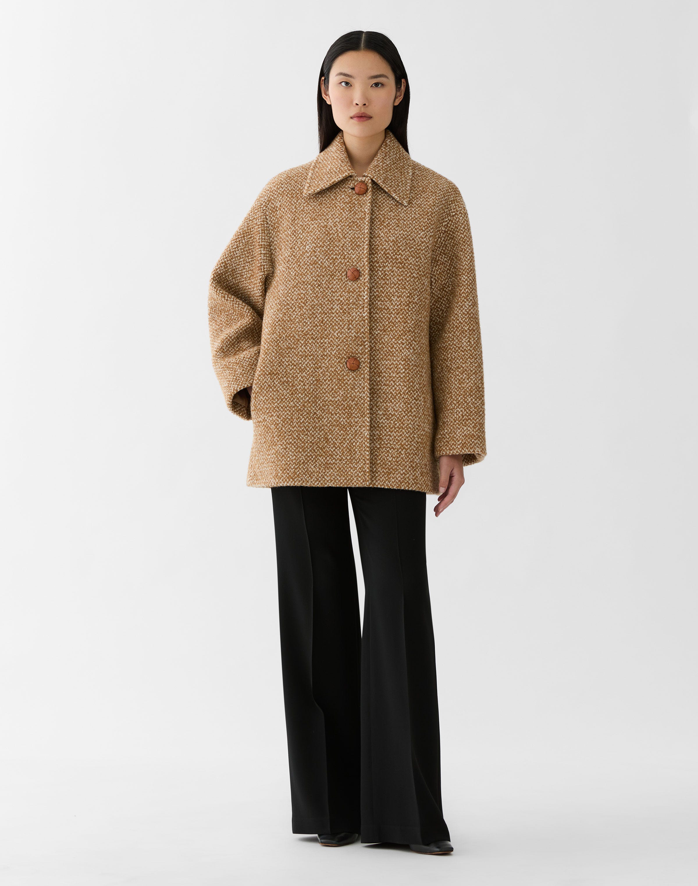 Plus-Size Wool-Cashmere Bouclé Herringbone Swing Coat