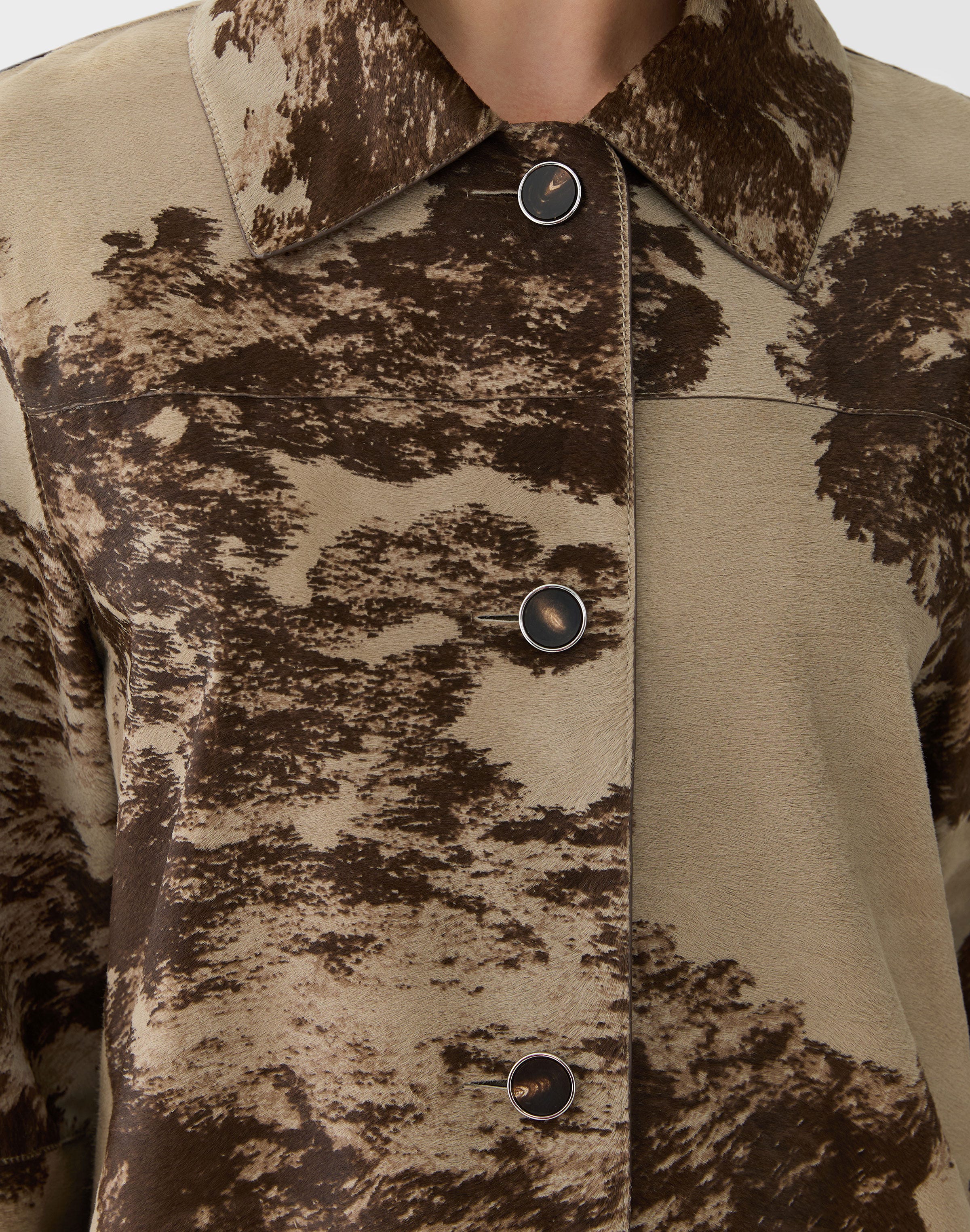 Printed Calf Hair Leather Trim Coat