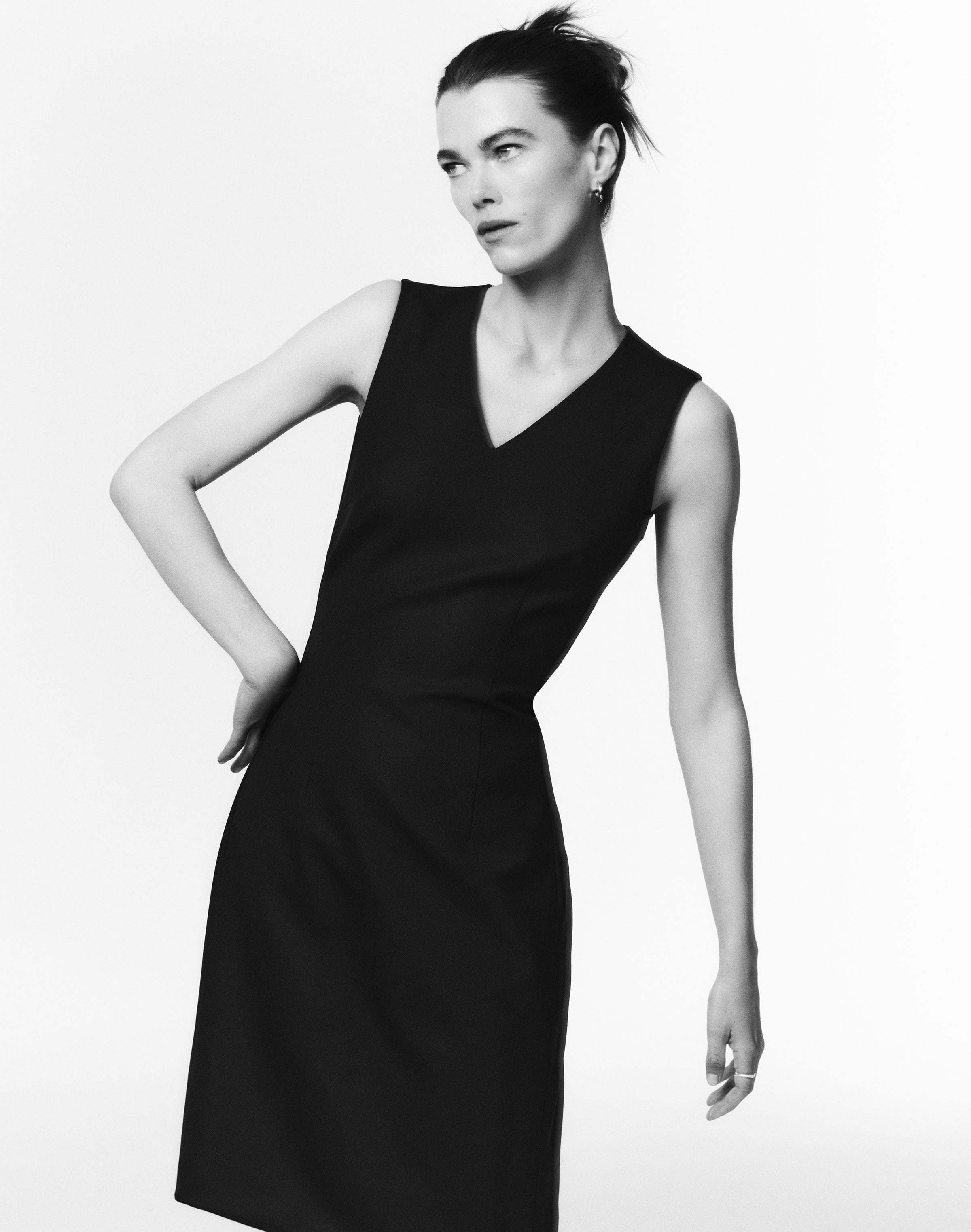 Responsible Stretch Wool V-Neck Sheath Dress