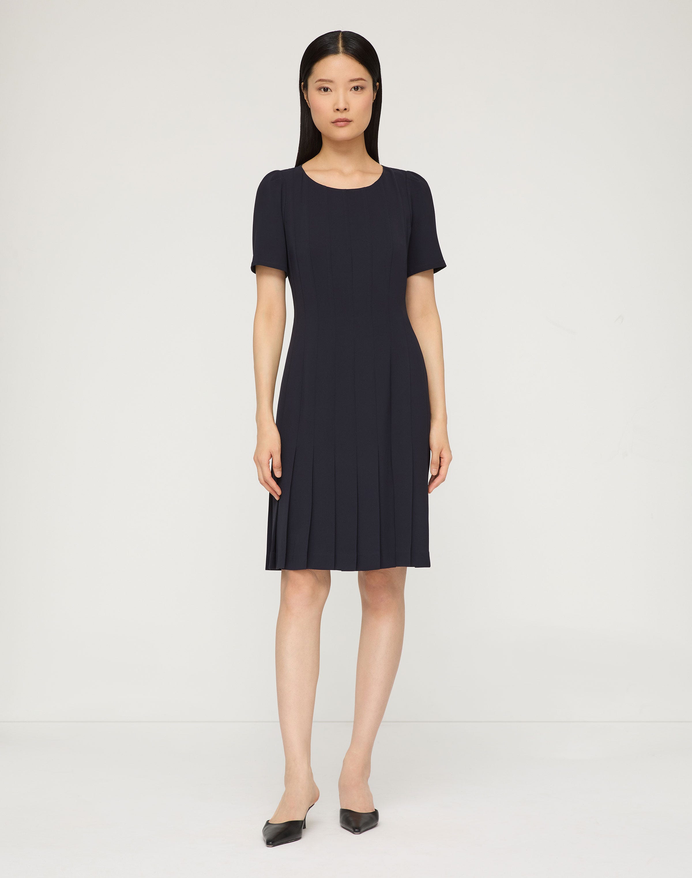 Petite Responsible Finesse Crepe Hand Pleated Short Sleeve Dress